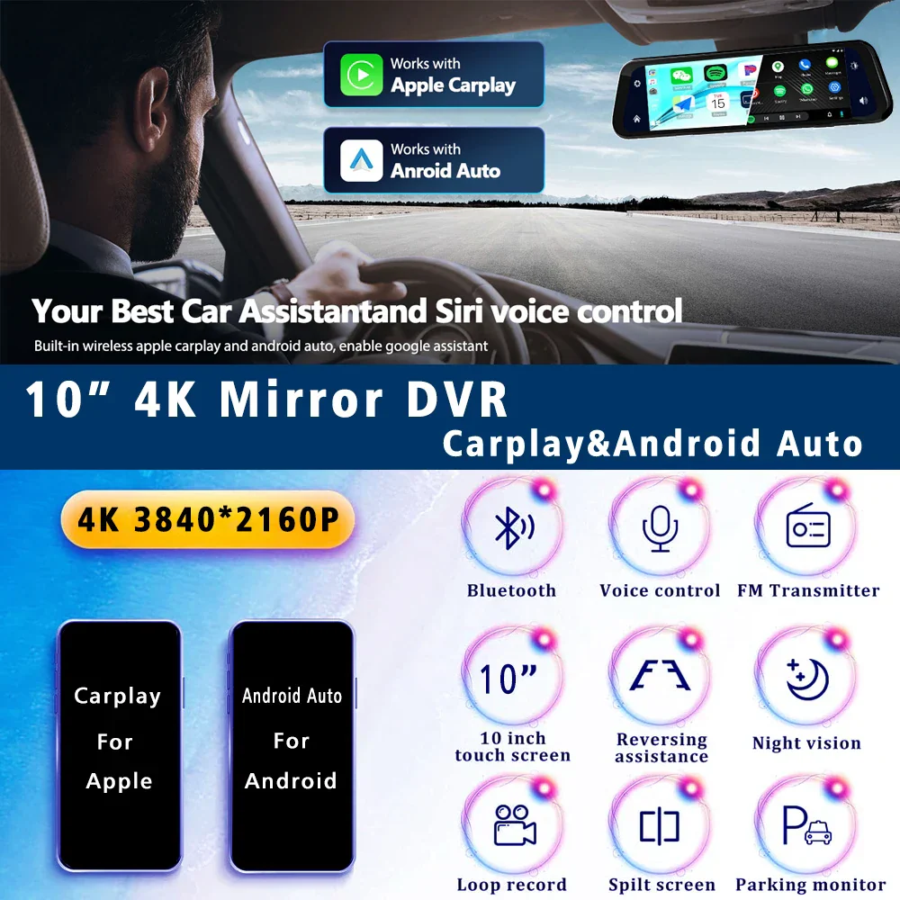 10 Inch 4K Dash Cam Rearview Mirror CarPlay Android Auto GPS WiFi DVR Dual Cam - Image 3