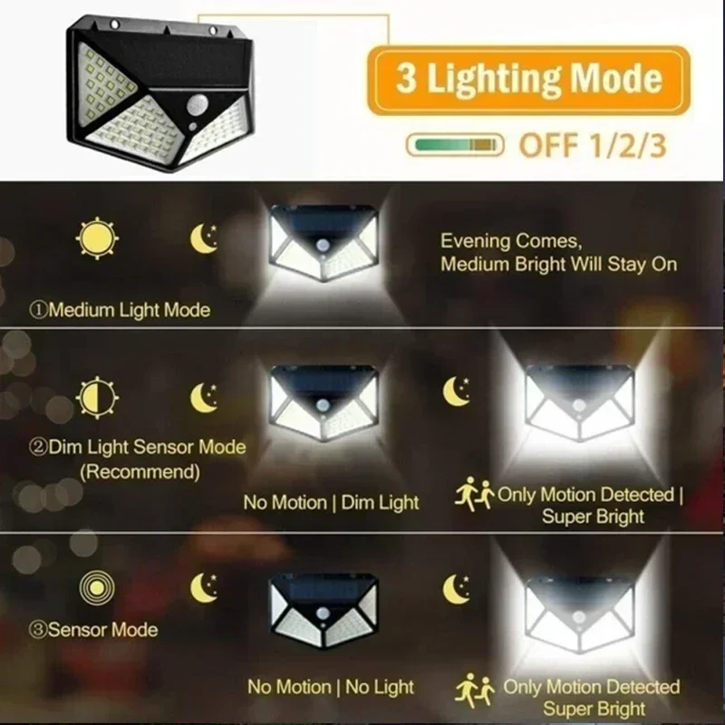 100 LED Solar Motion Sensor Wall Lights Outdoor Waterproof Garden Street Lamp - Image 3
