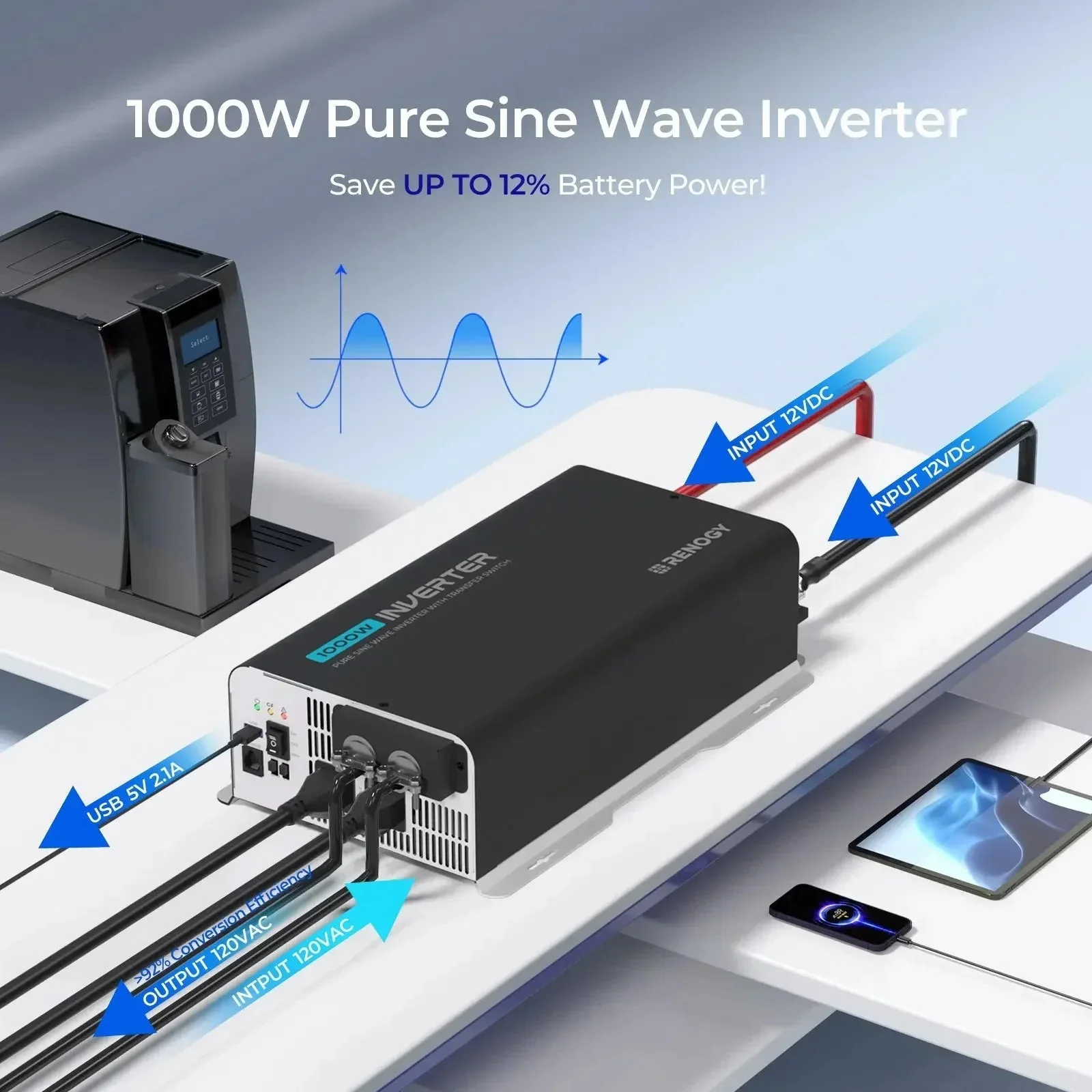 1000W 12V Pure Sine Wave Inverter with UPS Transfer Switch and Built-in Bluetooth - Image 9