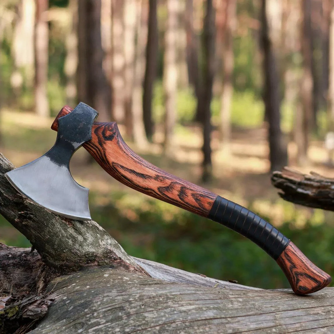 1095 Steel Blade Custom Handcrafted Tomahawk | Rosewood Handle with Leather Wrap & Sheath |  | Durable Axe for Outdoor Adventures by KBS Knives - Image 4