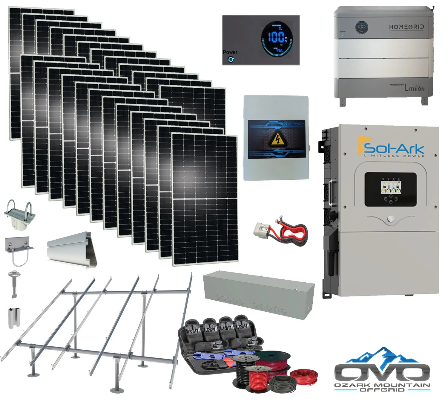 12KW Complete Offgrid Solar Kit - 9.6kWh HOMEGRID Lithium Battery + 15K Sol Ark Inverter +13.2KW Solar with Ground Mount Rails and Wiring