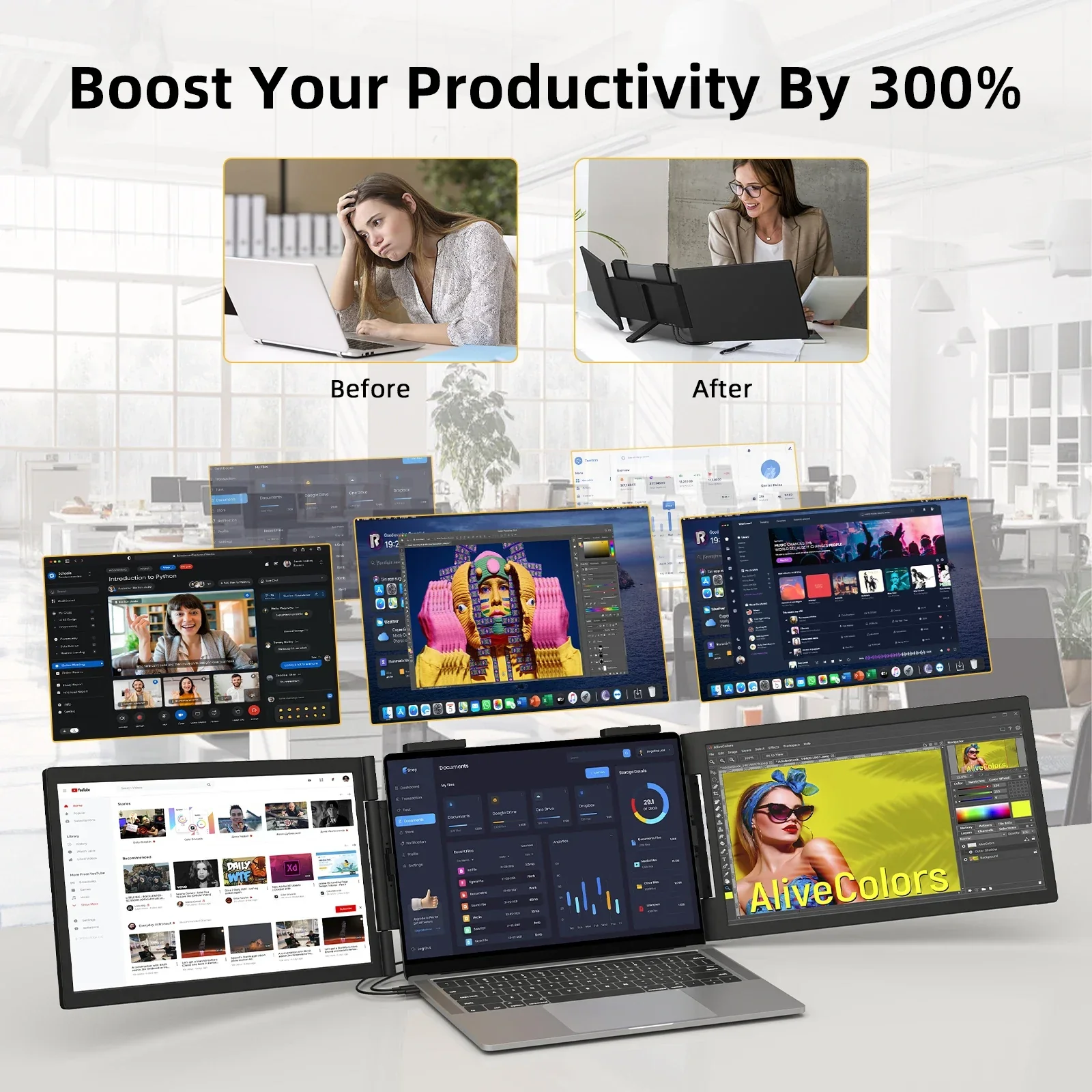 14" Dual Laptop Monitor Amoudo FHD IPS USB-C Portable Triple Screen Windows Mac Xbox - Image 3