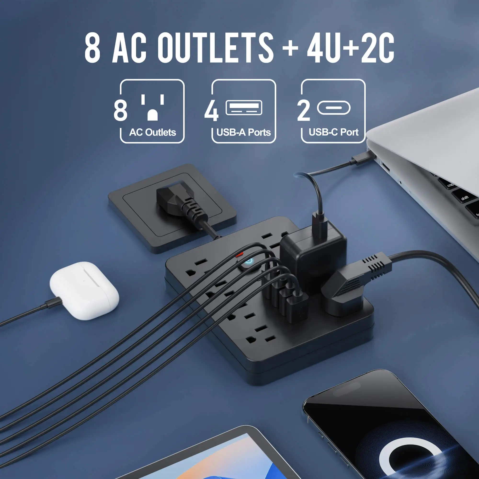 14-in-1 Power Strip Surge Protector with 8 AC Outlets 4 USB 2 Type-C Fast Charging - Image 3
