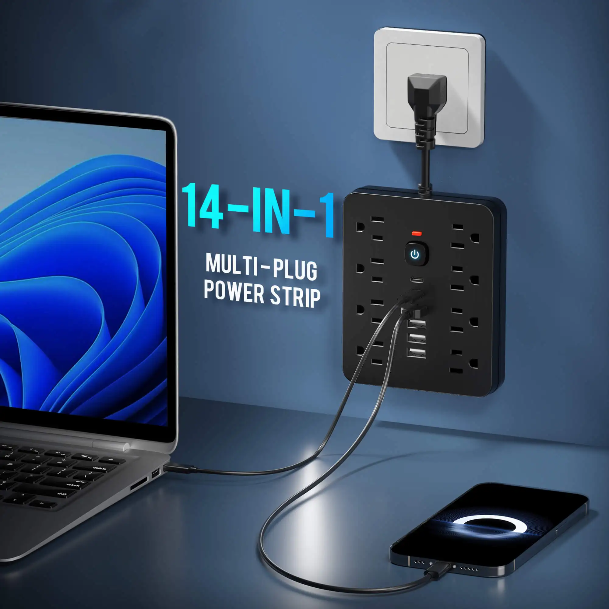 14-in-1 Power Strip Surge Protector with 8 AC Outlets 4 USB 2 Type-C Fast Charging - Image 5