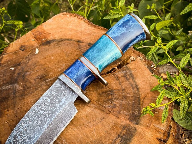 14-Inch Raindrops Damascus Steel Hunting Bowie Knife | Custom Handcrafted with Colored Bone Handle & Leather Sheath | KBS Knives - Image 2