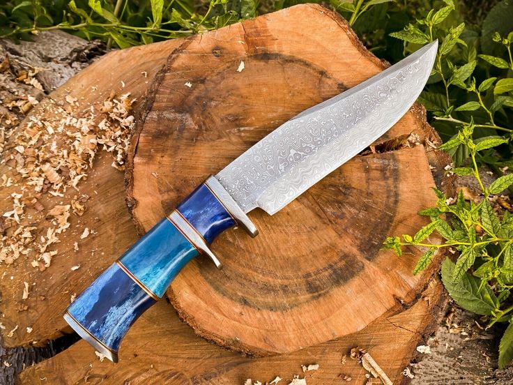 14-Inch Raindrops Damascus Steel Hunting Bowie Knife | Custom Handcrafted with Colored Bone Handle & Leather Sheath | KBS Knives - Image 5
