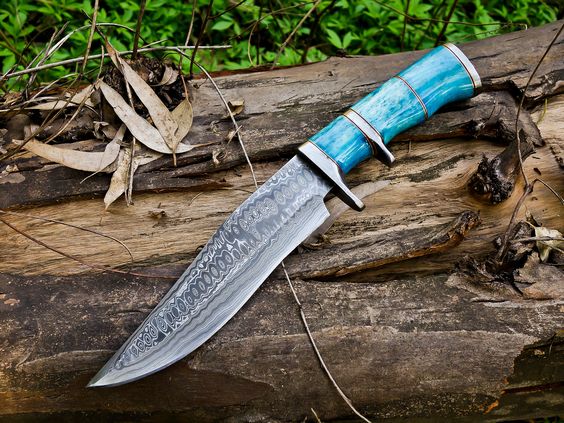 14-Inch Raindrops Damascus Steel Hunting Bowie Knife | Custom Handcrafted with Colored Bone Handle & Leather Sheath | KBS Knives - Image 6
