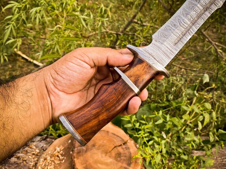 14-Inch Twist Damascus Steel Hunting Bowie Knife | Handcrafted with Rosewood Handle & Leather Sheath | KBS Knives - Image 2