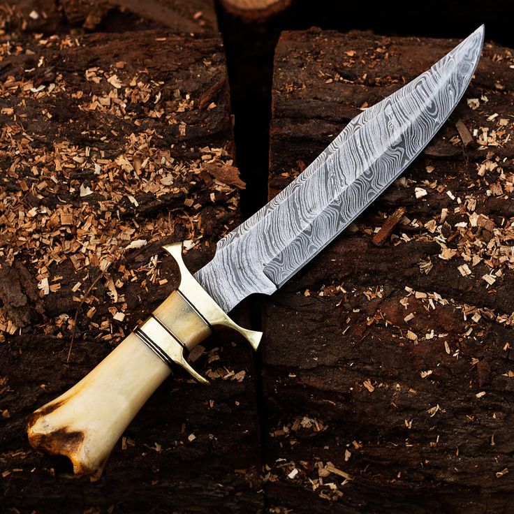 15-Inch Twist Damascus Steel Blade Custom Handcrafted Hunting Bowie Knife | 9.5-Inch Blade, Bone Handle, Brass & Damascus Finger Guards, Leather Sheath | KBS Knives - Image 2