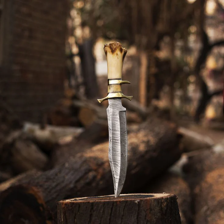 15-Inch Twist Damascus Steel Blade Custom Handcrafted Hunting Bowie Knife | 9.5-Inch Blade, Bone Handle, Brass & Damascus Finger Guards, Leather Sheath | KBS Knives - Image 3