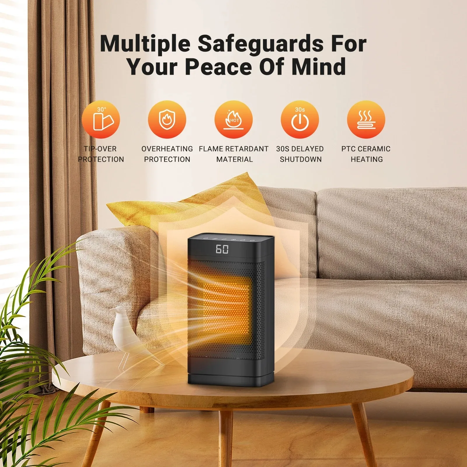 1500W Portable Space Heater PTC Fast Heating Electric Heater with Oscillation Timer - Image 3