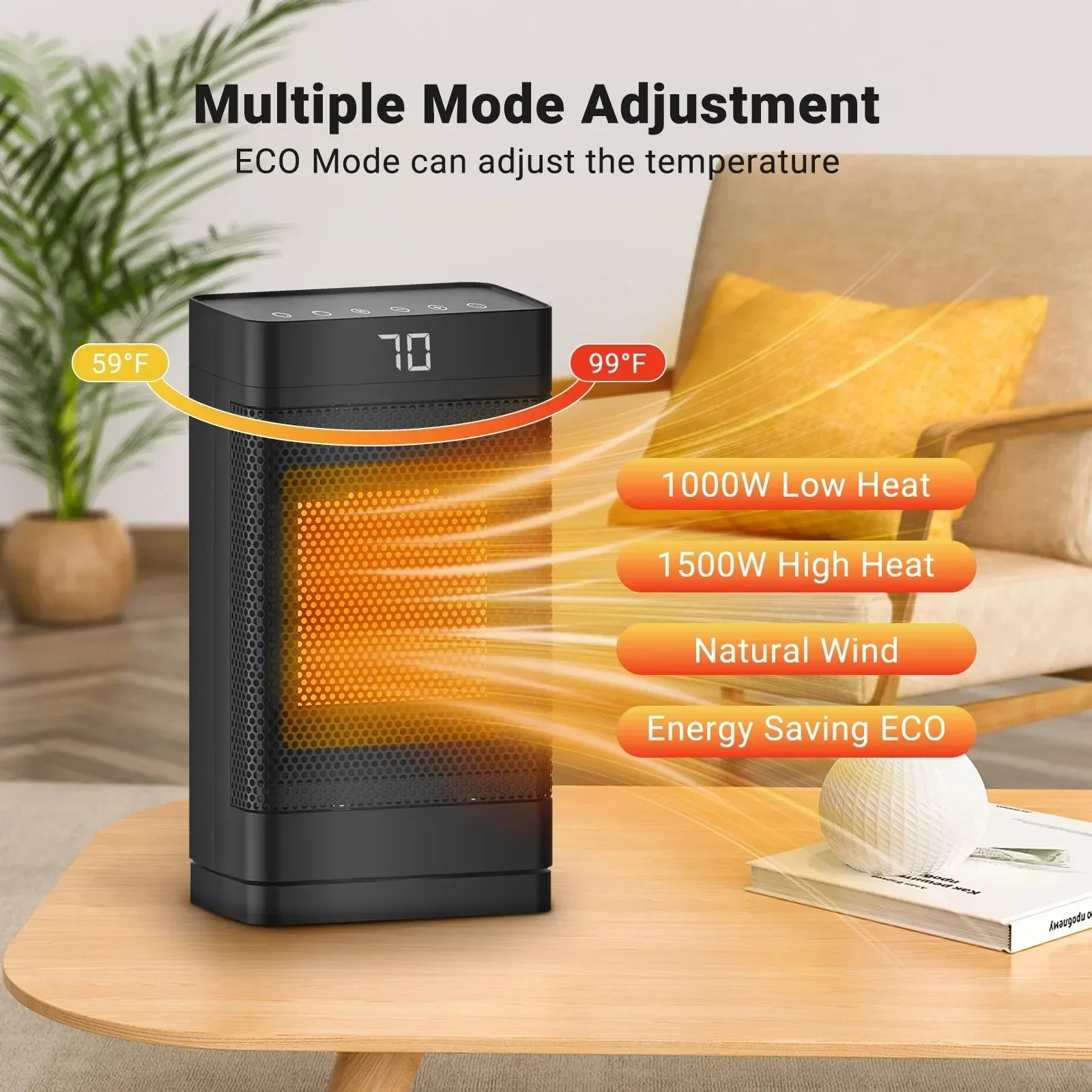 1500W Portable Space Heater PTC Fast Heating Electric Heater with Oscillation Timer - Image 4