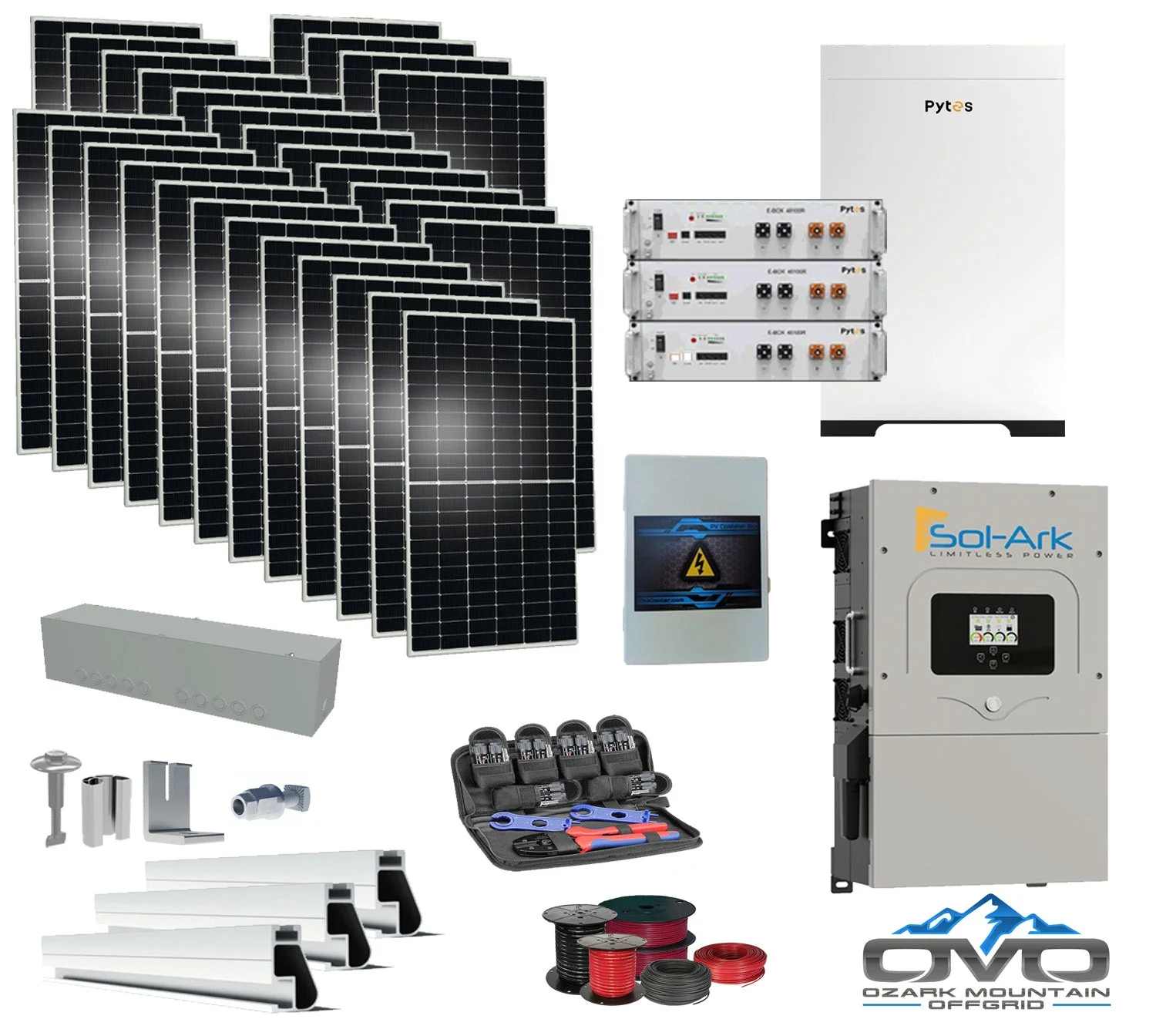 15KW Complete Offgrid Solar Kit - 15.36kWh Pytes Lithium Battery + 15K Sol Ark Inverter +15.4KW Solar with Mounting Rails and Wiring