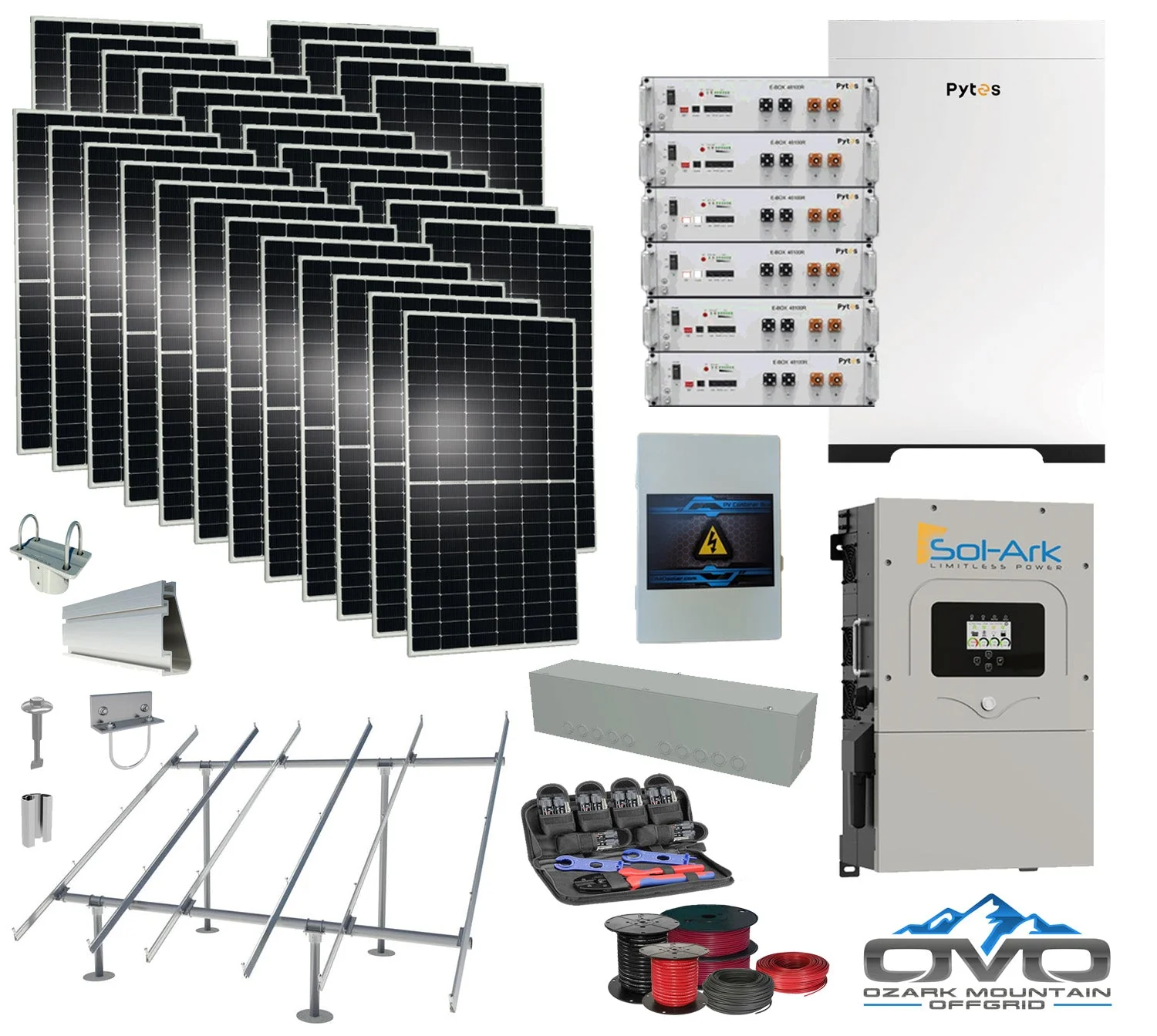 15KW Complete Offgrid Solar Kit - 30.72kWh Pytes Lithium Battery + 15K Sol Ark Inverter +15.4KW Solar with Ground Mount Rails and Wiring