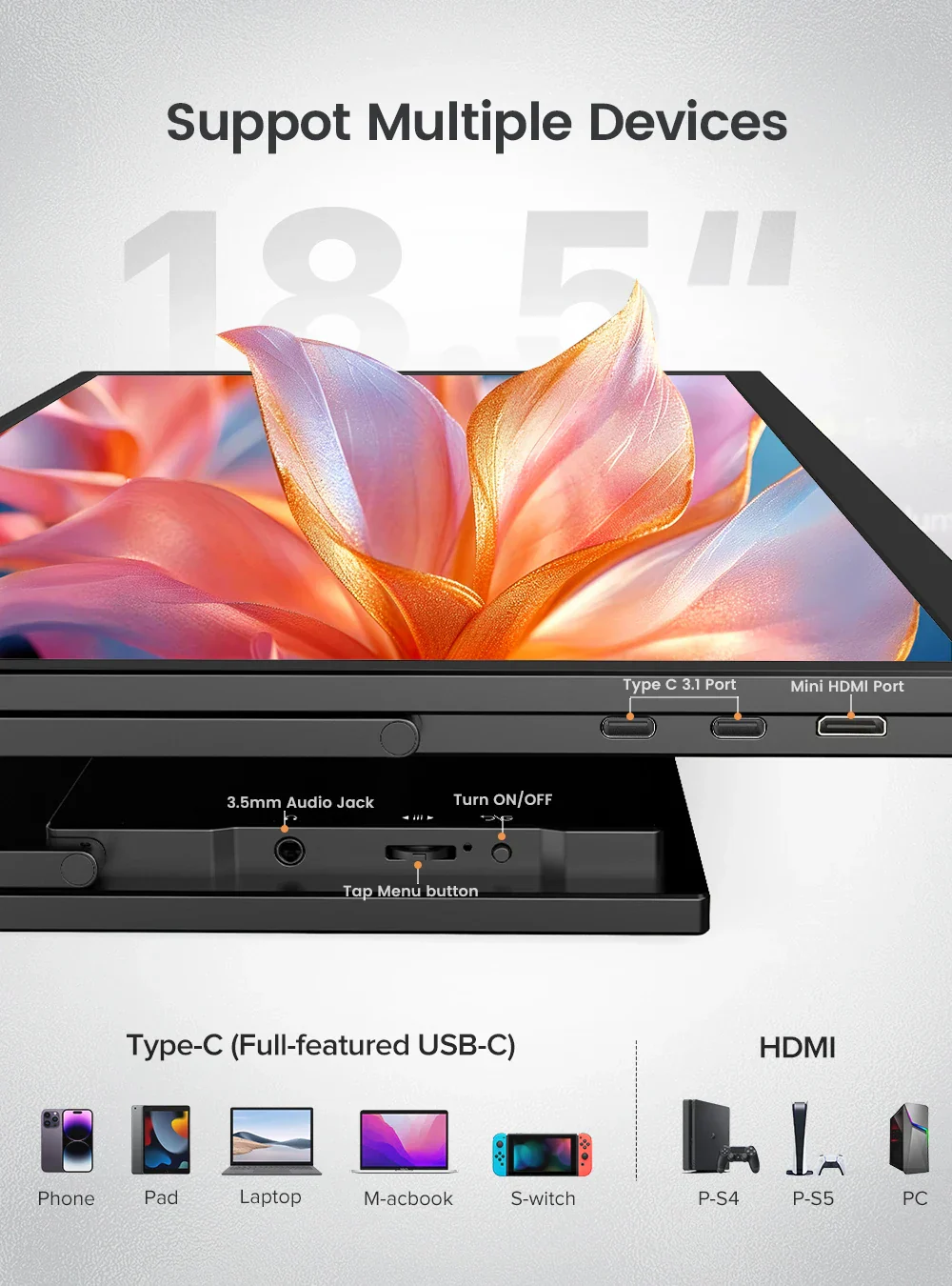 18.5" Portable Monitor 1080P 120Hz HDMI Type-C Gaming Laptop Phone Extension - Image 4