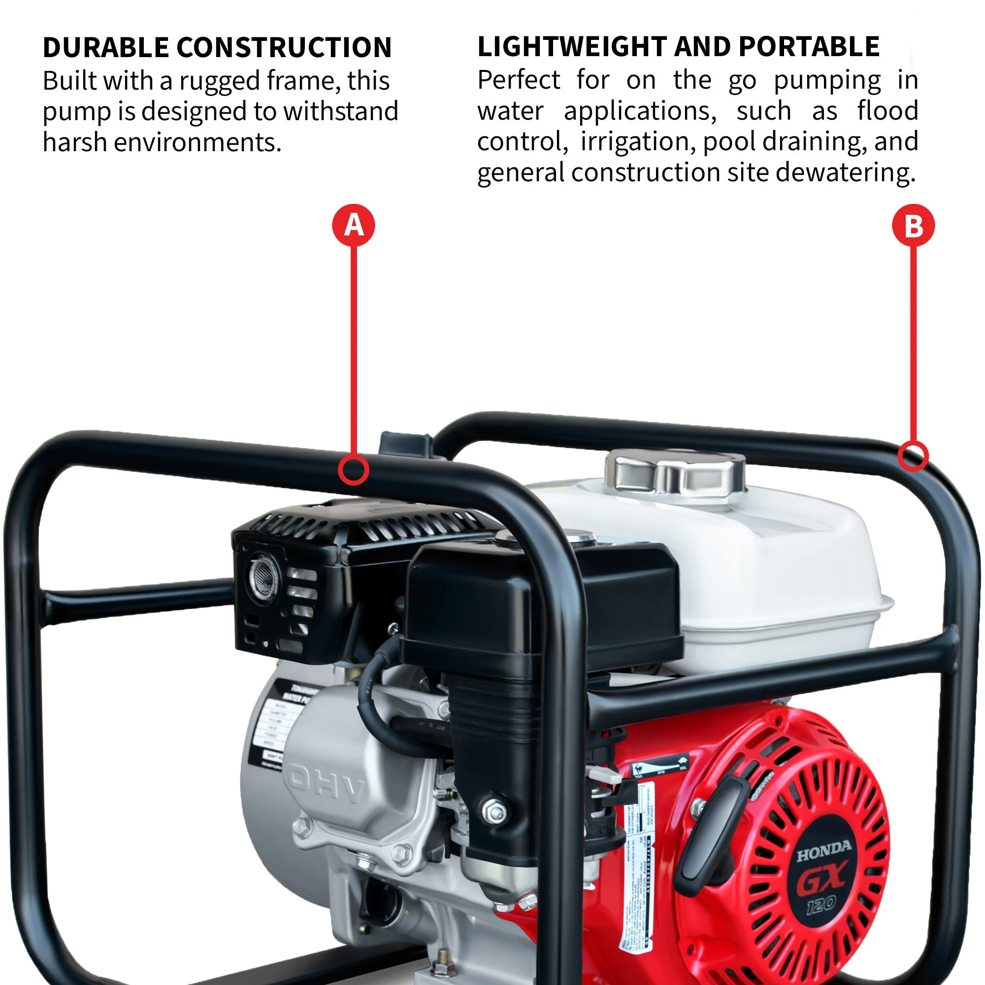2 Inch Trash Water Pump 164 GPM 3.5HP GX120 powered by Honda Portable Utility - Image 6
