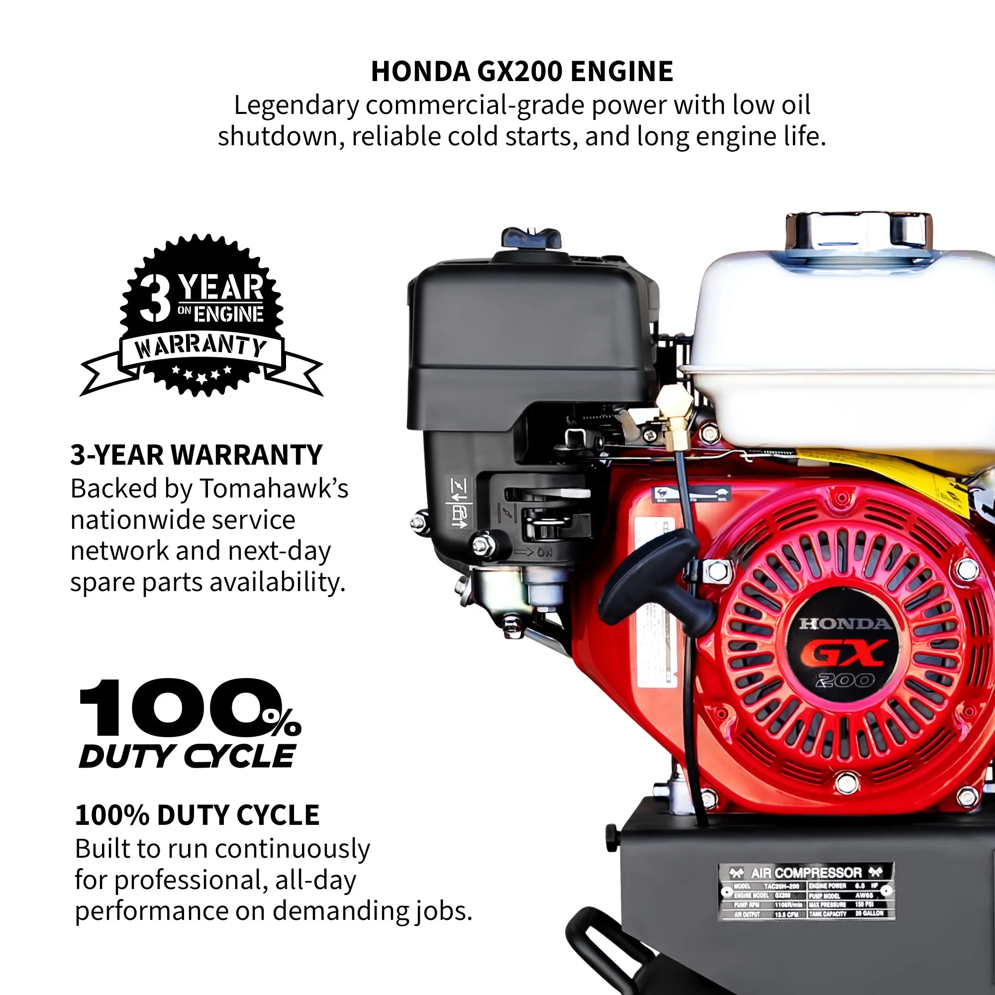 20 Gallon Portable Air Compressor 6.5HP Honda GX200 Engine Horizontal Tank 13.5 CFM @ 90 PSI Gas-Powered - Image 4