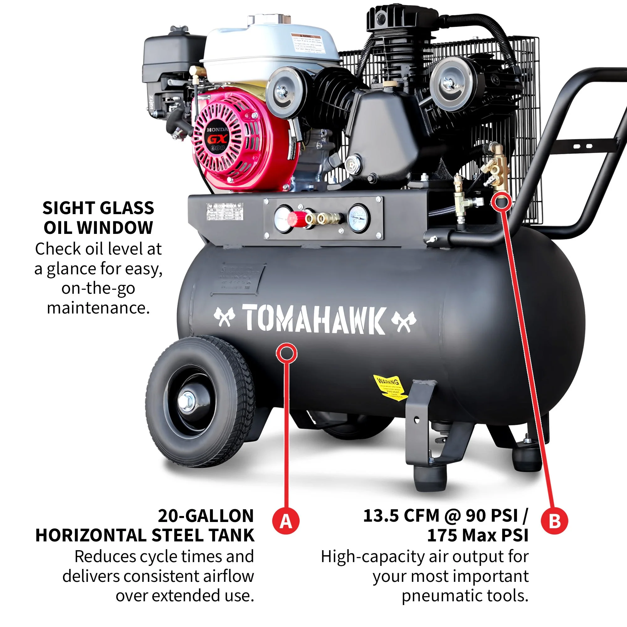 20 Gallon Portable Air Compressor 6.5HP Honda GX200 Engine Horizontal Tank 13.5 CFM @ 90 PSI Gas-Powered - Image 5