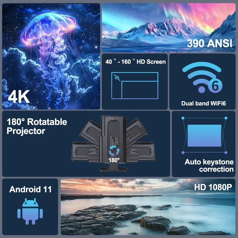 2025 4K Android 11 Projector 1080P 390ANSI Dual WiFi6 BT5.0 Portable Cinema - Image 4