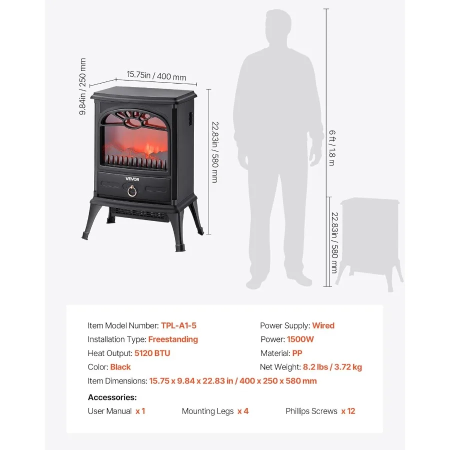 22.8-Inch Freestanding Electric Fireplace Heater 1500W with Realistic Flames - Image 3