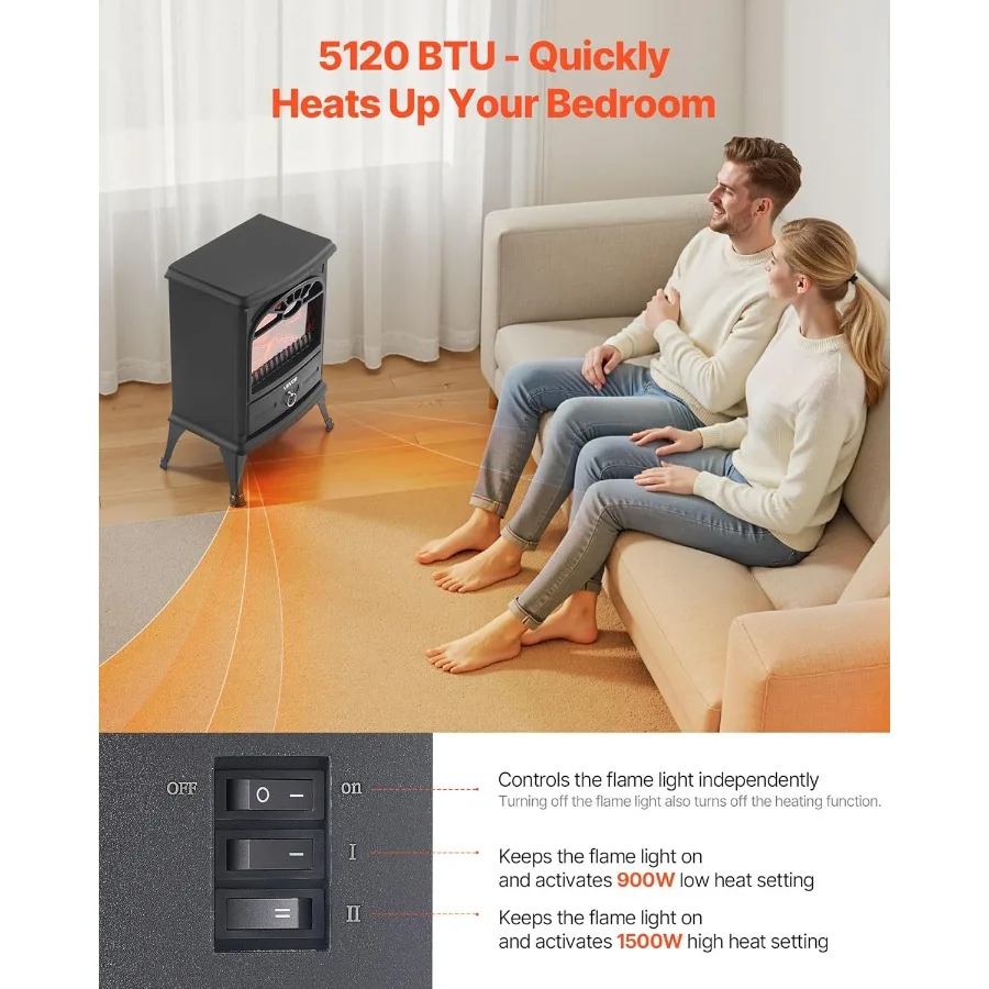 22.8-Inch Freestanding Electric Fireplace Heater 1500W with Realistic Flames - Image 5