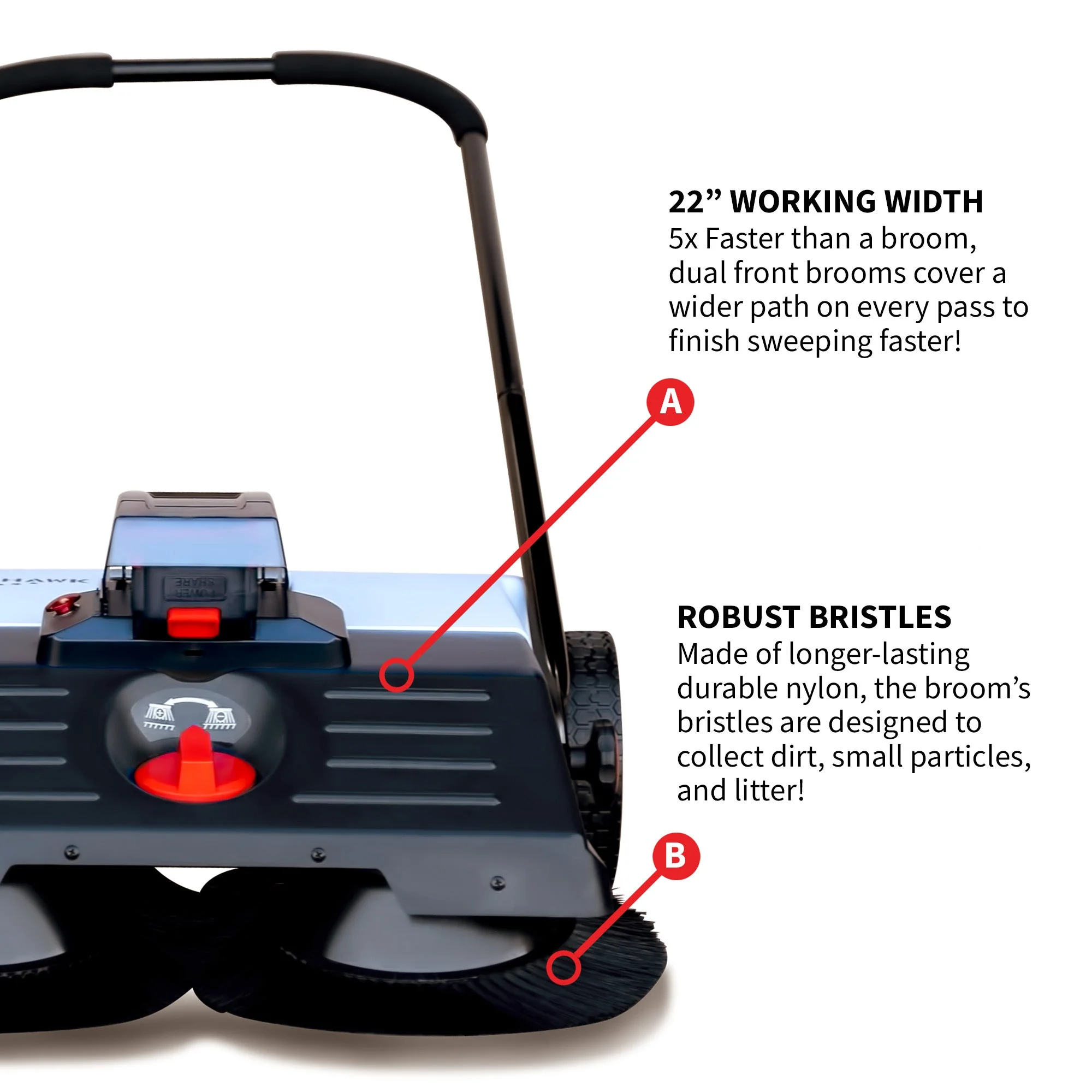 22" Battery Powered Push Sweeper With Double Brush System 18V Lithium-Ion - Image 11