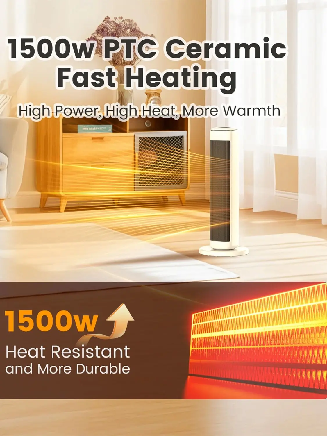 25" Ceramic Tower Space Heater – Electric Heater for Large Room with Thermostat - Image 3