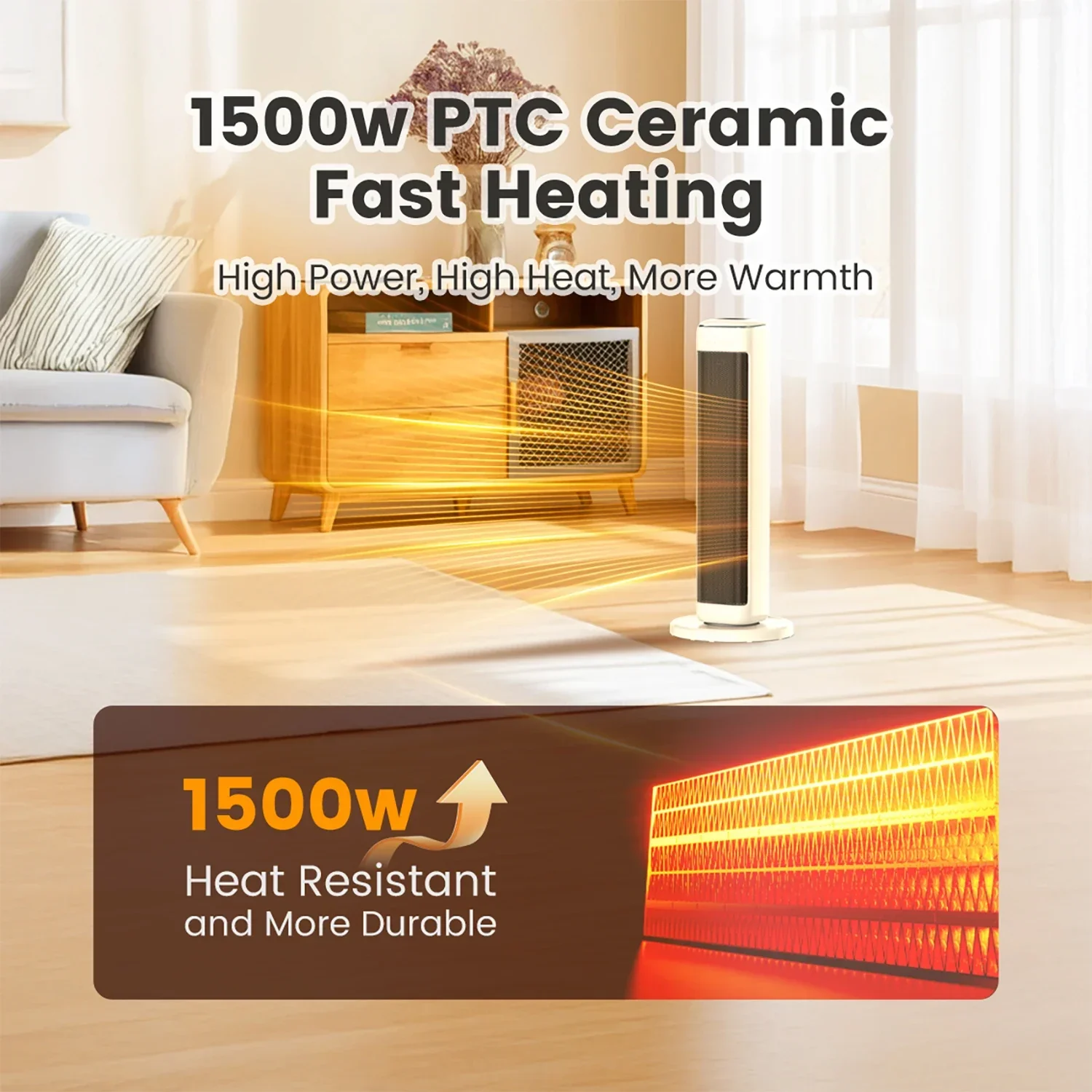 25" Ceramic Tower Space Heater – Electric Heater for Large Room with Thermostat - Image 4