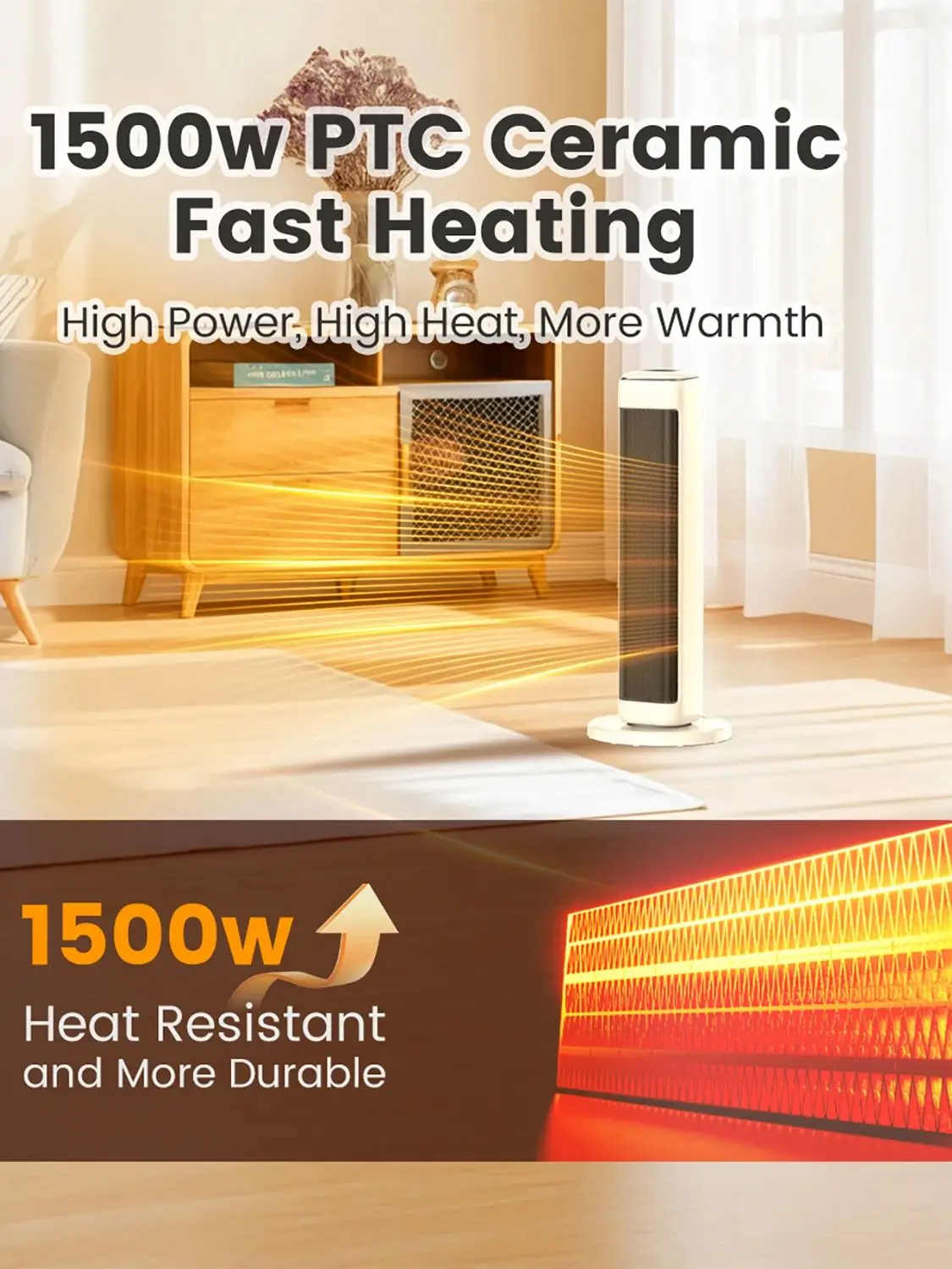 25" Ceramic Tower Space Heater – Electric Heater for Large Room with Thermostat - Image 6