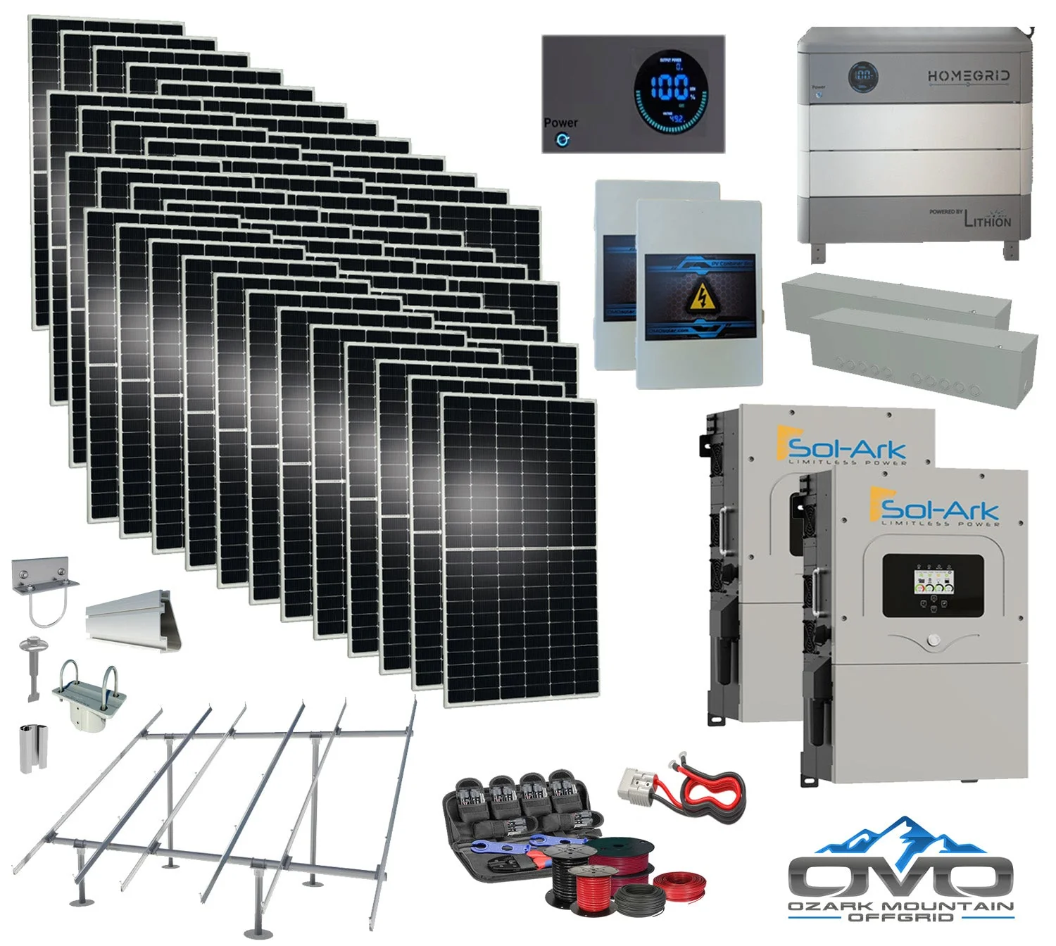 25KW Complete Offgrid Solar Kit - 9.6kWh Lithium Battery + 2x15K Sol Ark Inverter +26.4KW Solar with Ground Mount and Wiring