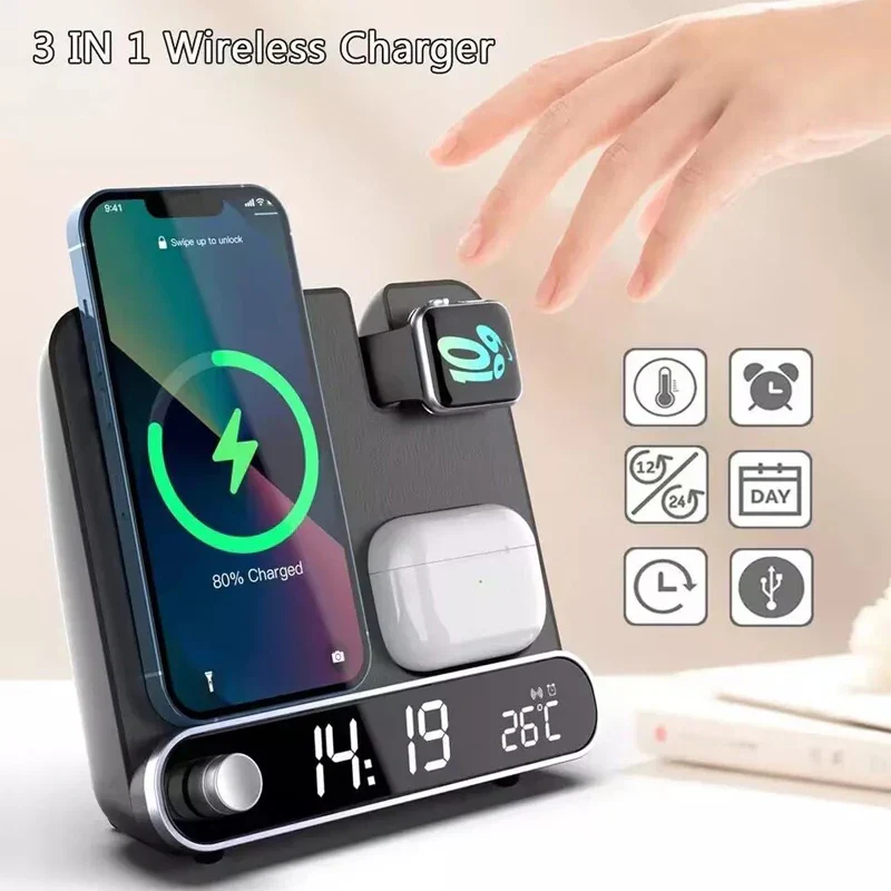 3-in-1 Wireless Charging Station with Alarm Clock Fast Charger for iPhone & Watch - Image 2