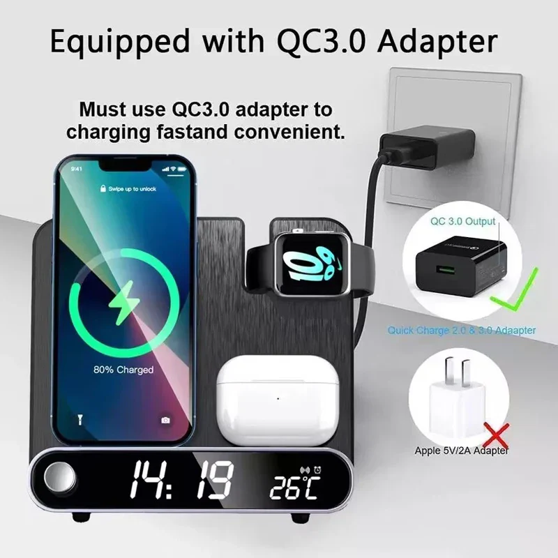 3-in-1 Wireless Charging Station with Alarm Clock Fast Charger for iPhone & Watch - Image 5