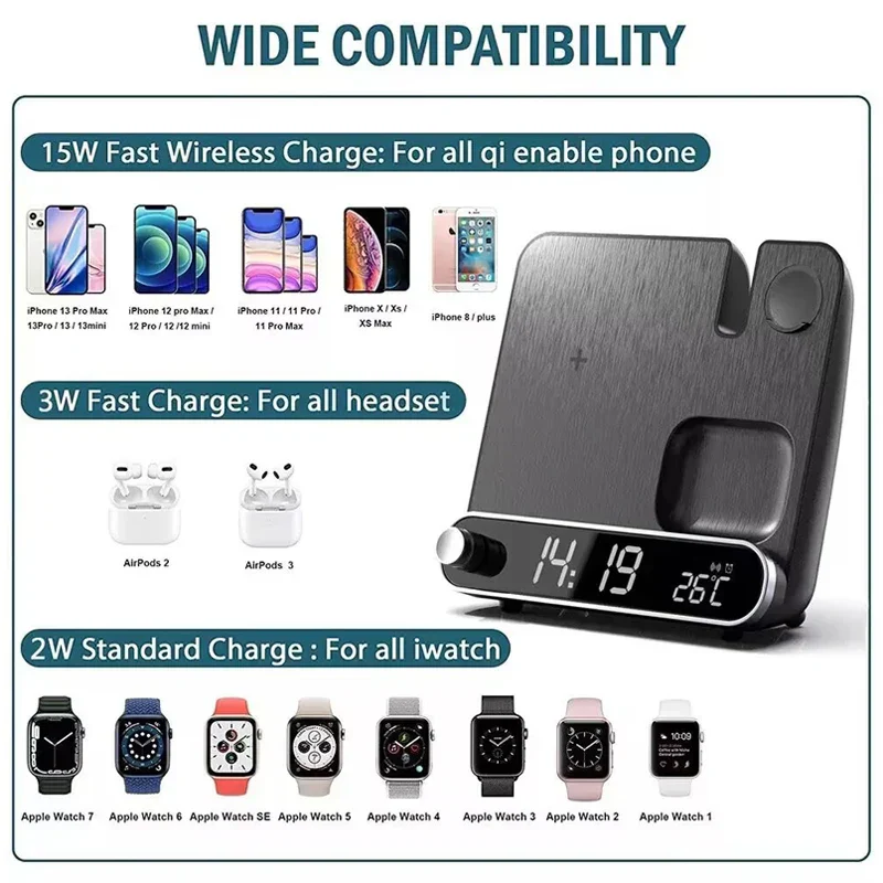 3-in-1 Wireless Charging Station with Alarm Clock Fast Charger for iPhone & Watch - Image 6