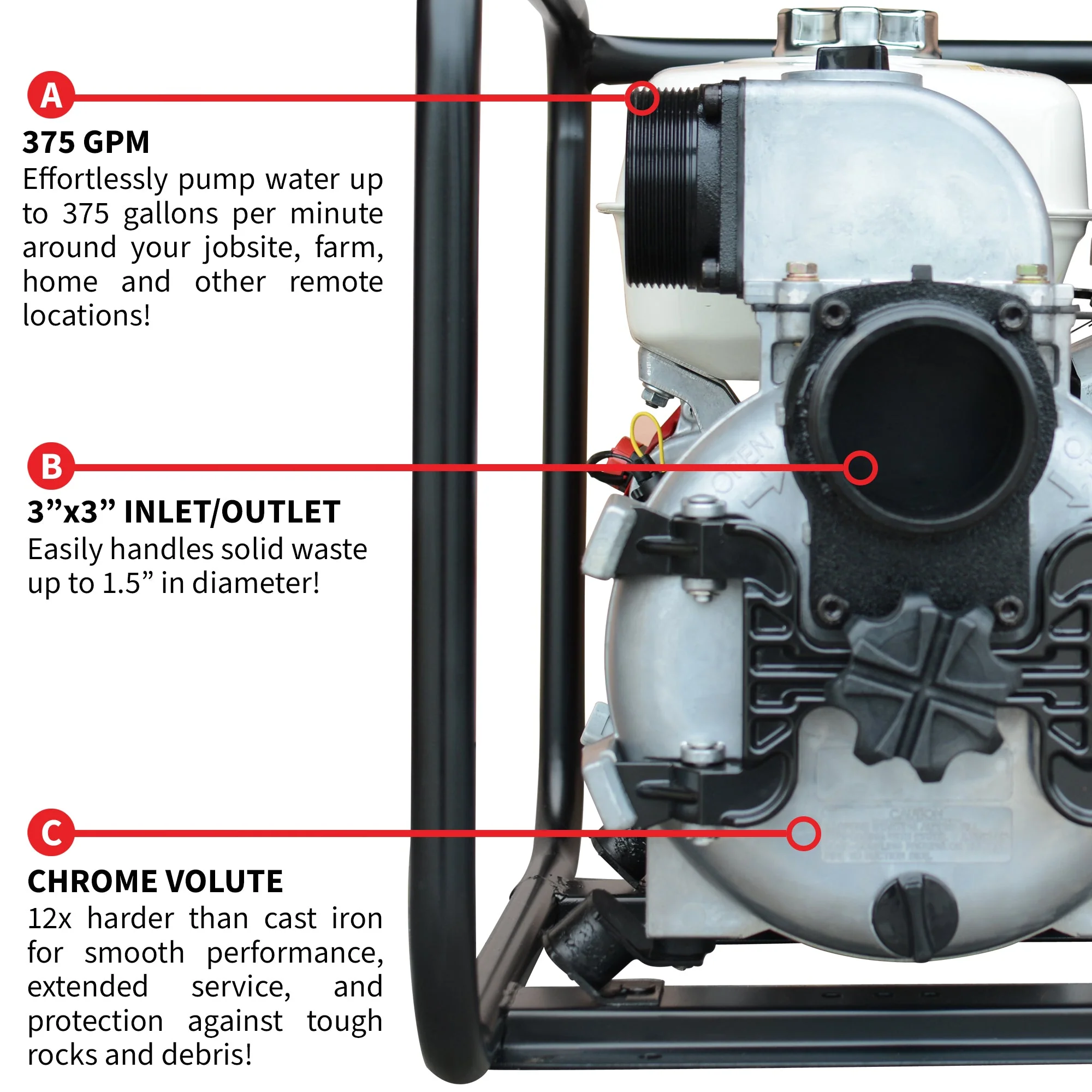 3 Inch Trash Water Pump 375 GPM 8 HP GX270 powered by Honda Portable Utility - Image 6