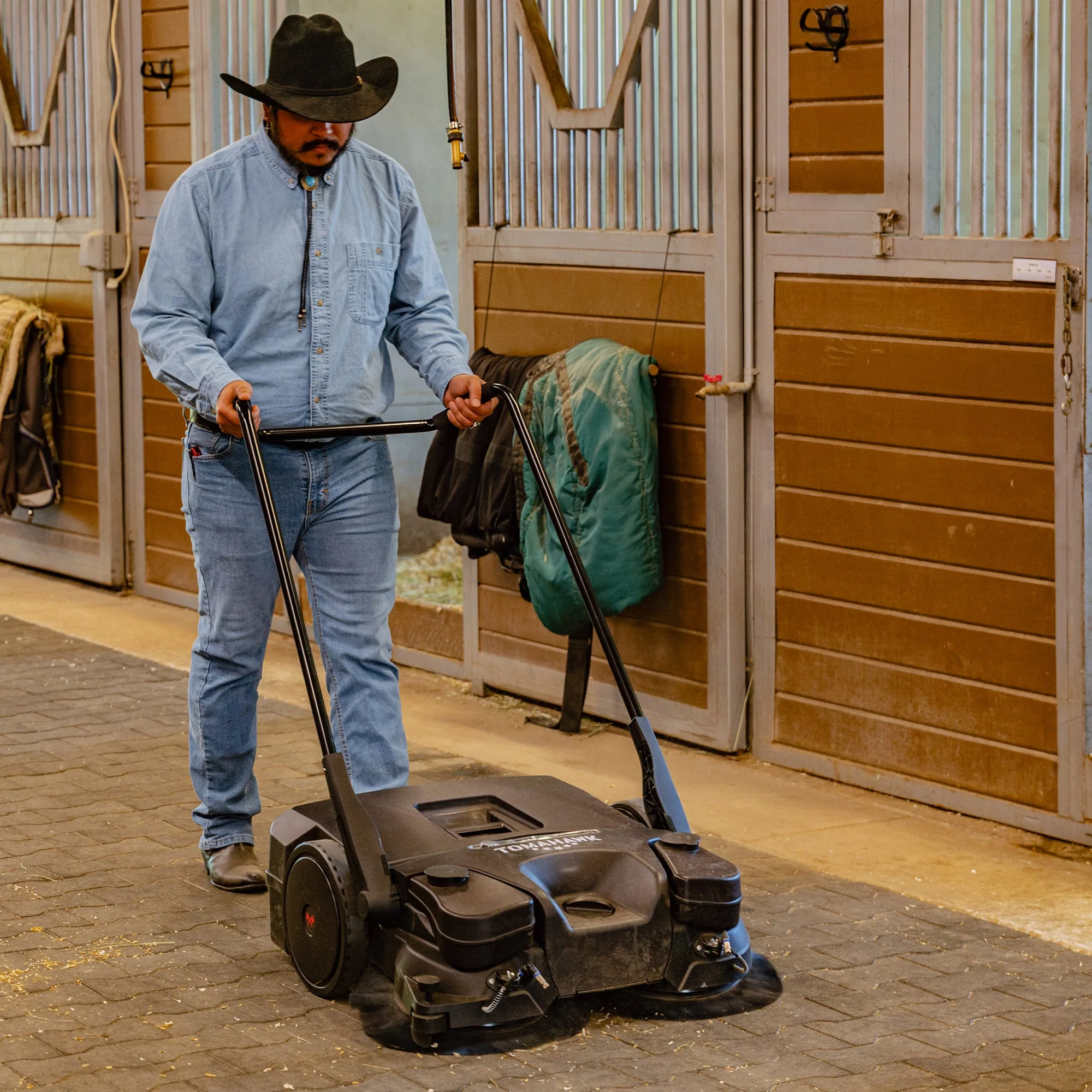 30" Battery Powered Push Sweeper with Triple Power Brooms Electric Drive and Dust Suppression Sprayer - Image 2