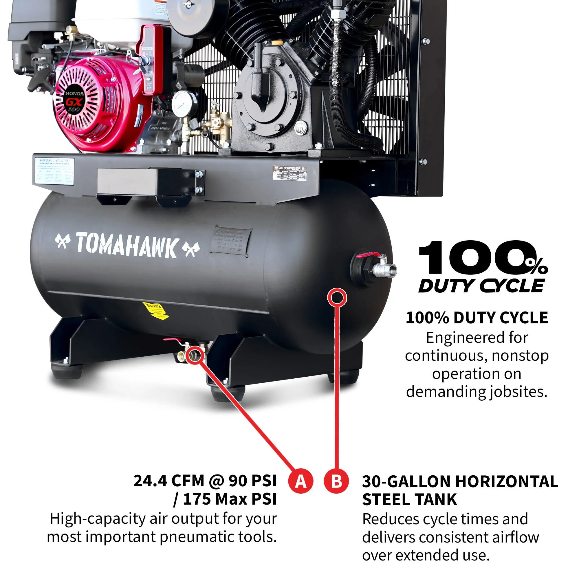 30 Gallon Air Compressor 13HP Honda GX390 Engine Horizontal Tank 24.4 CFM @ 90 PSI Gas-Powered - Image 4