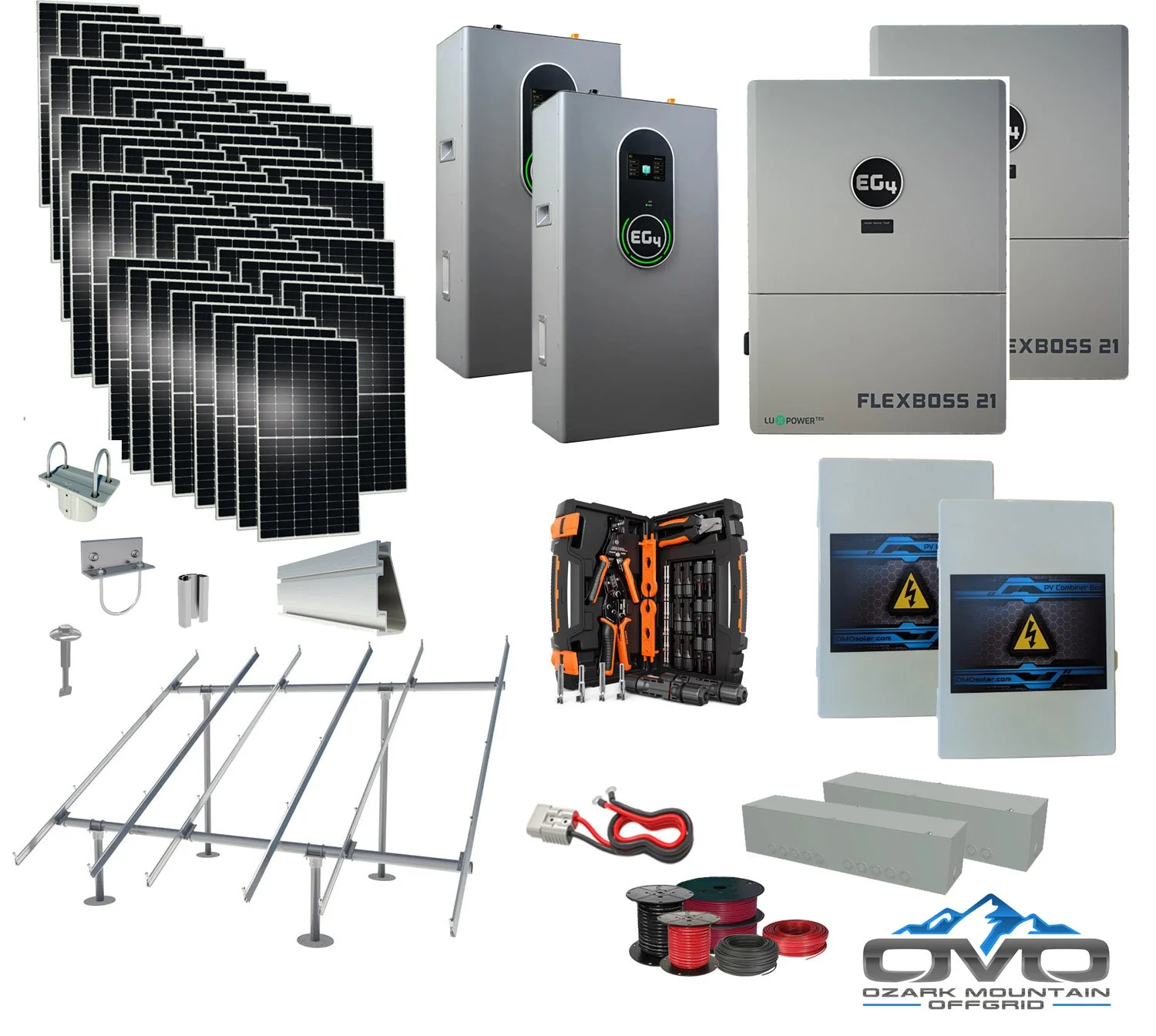 30KW Complete Offgrid Solar Kit + EG4 FlexBOSS21 + 2x 14.3KW 48V EG4 Lithium Indoor Wall Battery + 30.8KW Solar with Ground Mount and Wiring