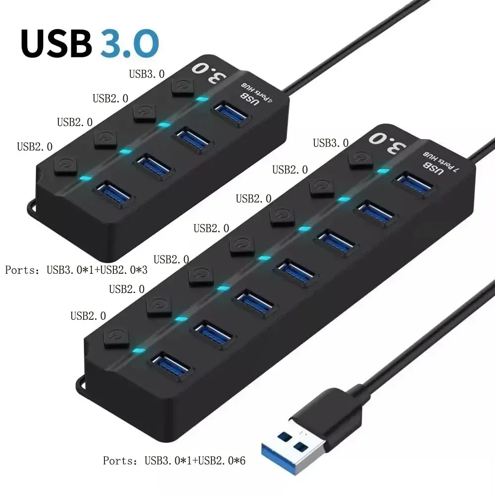 4/7-Port USB 3.0 Hub with LED Indicator Switch for Laptop Flash Drive Hard Disk - Image 2