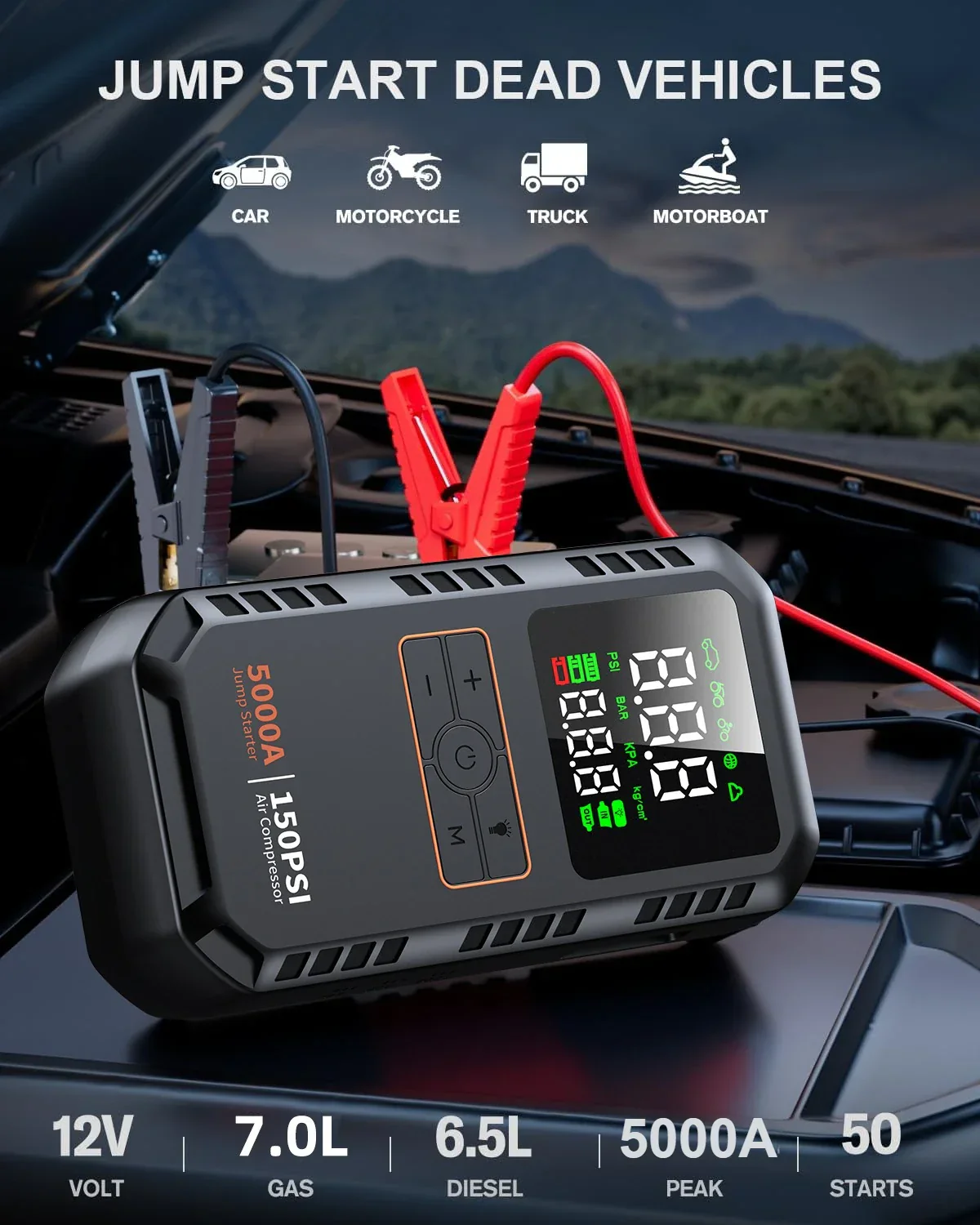 4 in 1 Car Jump Starter 5000A with Air Compressor 150PSI Tire Inflator - Image 2