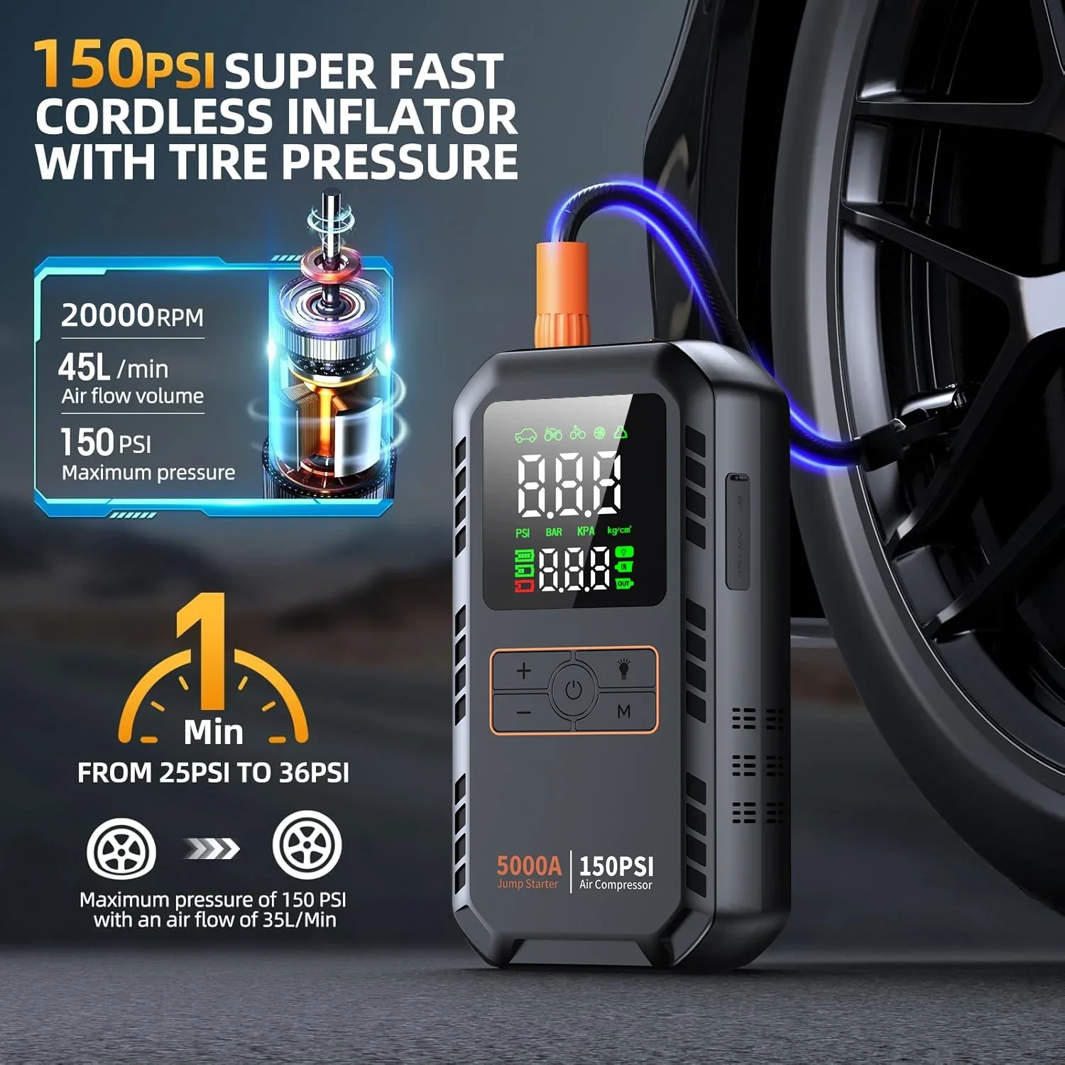 4 in 1 Car Jump Starter 5000A with Air Compressor 150PSI Tire Inflator - Image 3