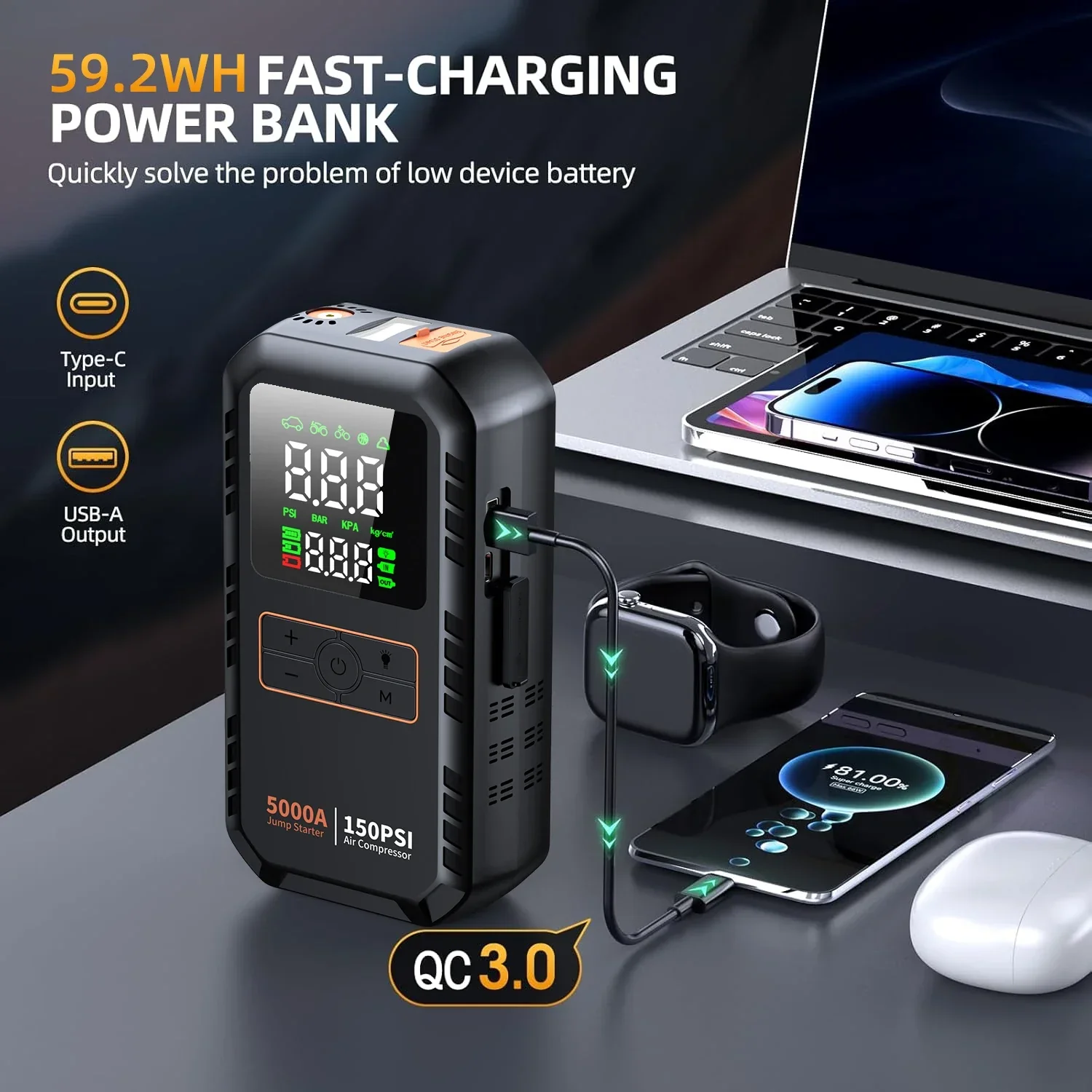 4 in 1 Car Jump Starter 5000A with Air Compressor 150PSI Tire Inflator - Image 5
