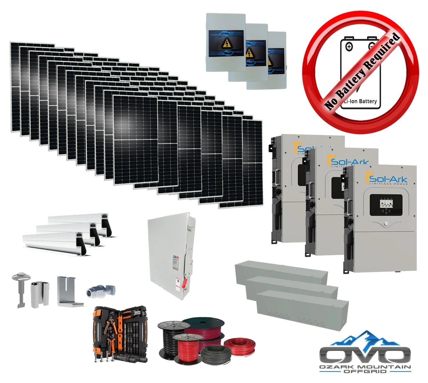 40KW Complete Offgrid Solar Kit + 3x 15K Sol-Ark Inverter +40.15KW Solar with Mounting Rails and Wiring