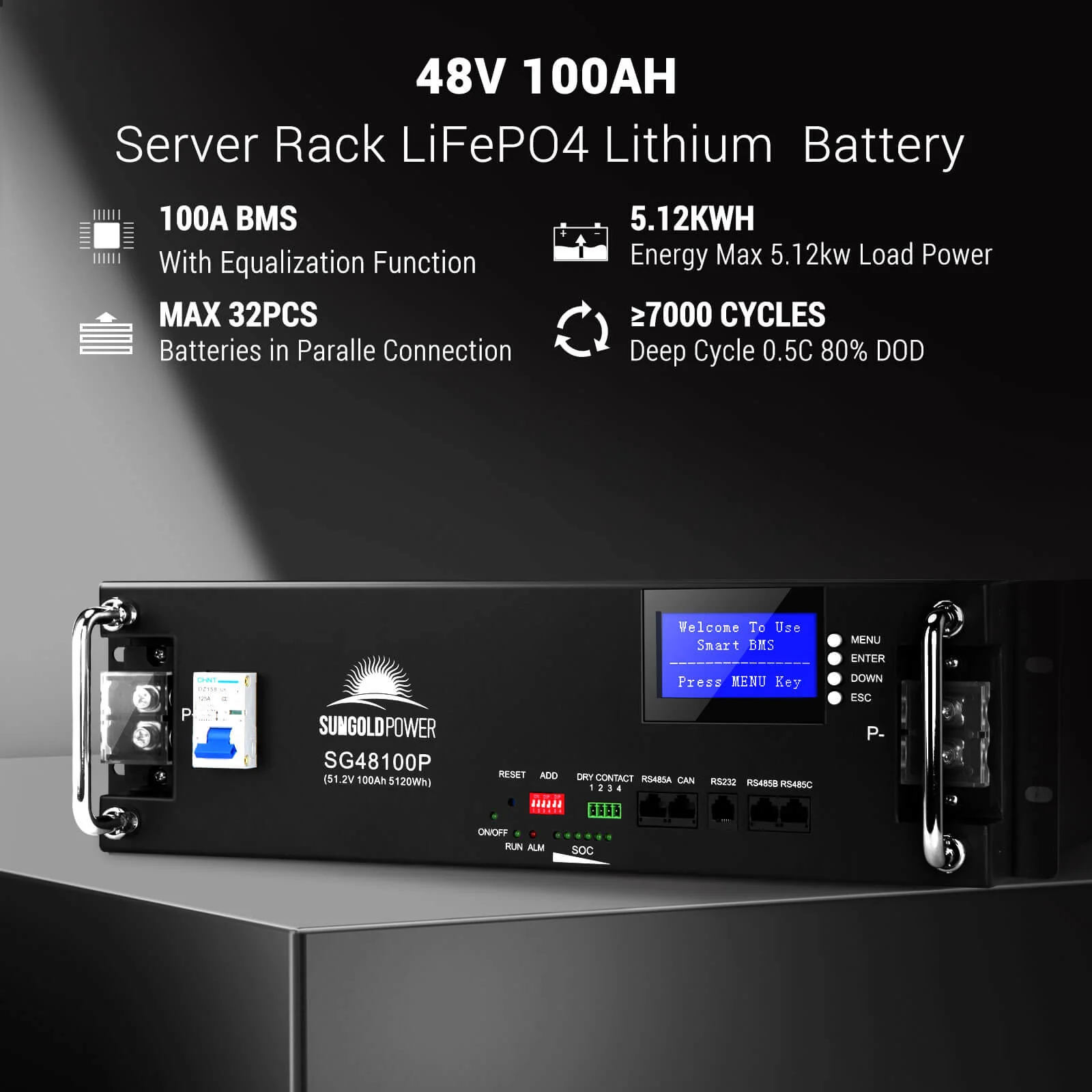 48V 100AH Server Rack LiFePO4 Lithium Battery SG48100P UL1973 UL9540A - Image 2
