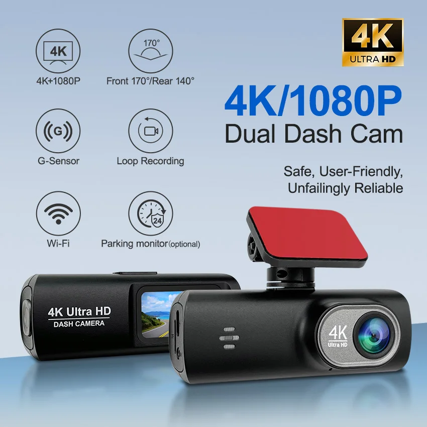 4K Dash Cam 2Inch UHD Front Rear Car DVR WiFi APP Control Night Vision 2Channel - Image 2