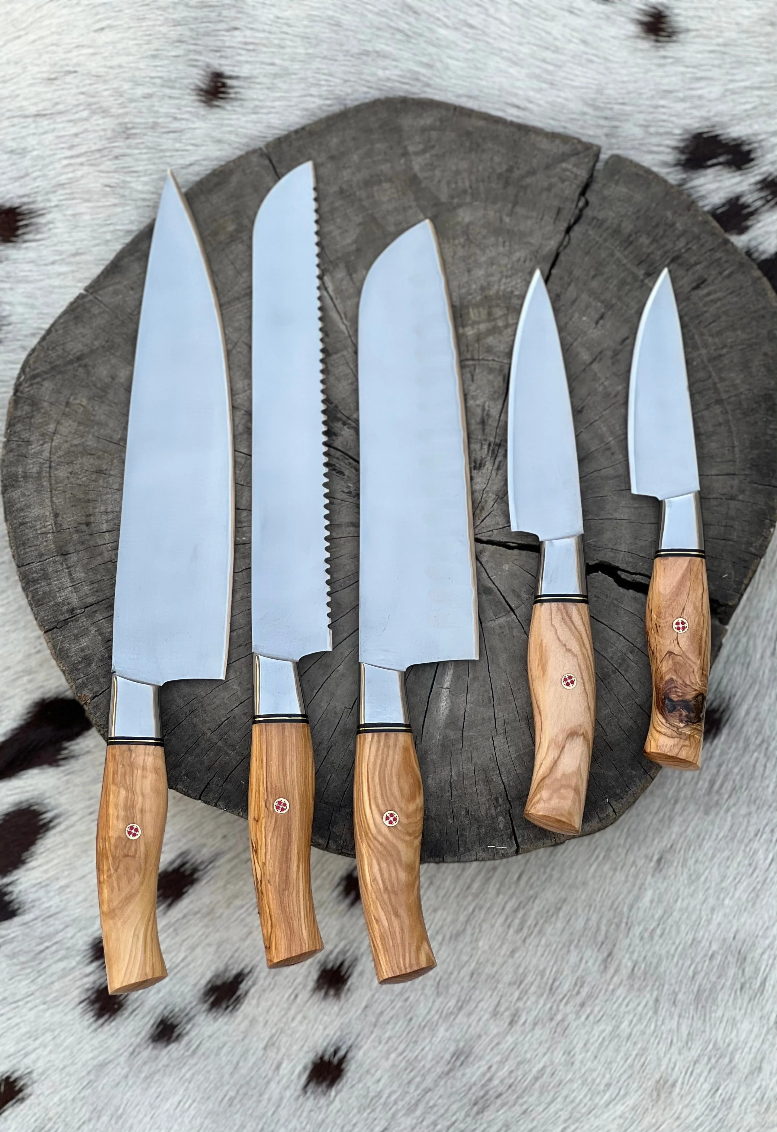 5 Pcs Custom Handmade Stainless Steel Kitchen Knives Set With Olive Wood Handles and Leather Roll - KBS Knives Store - Image 2