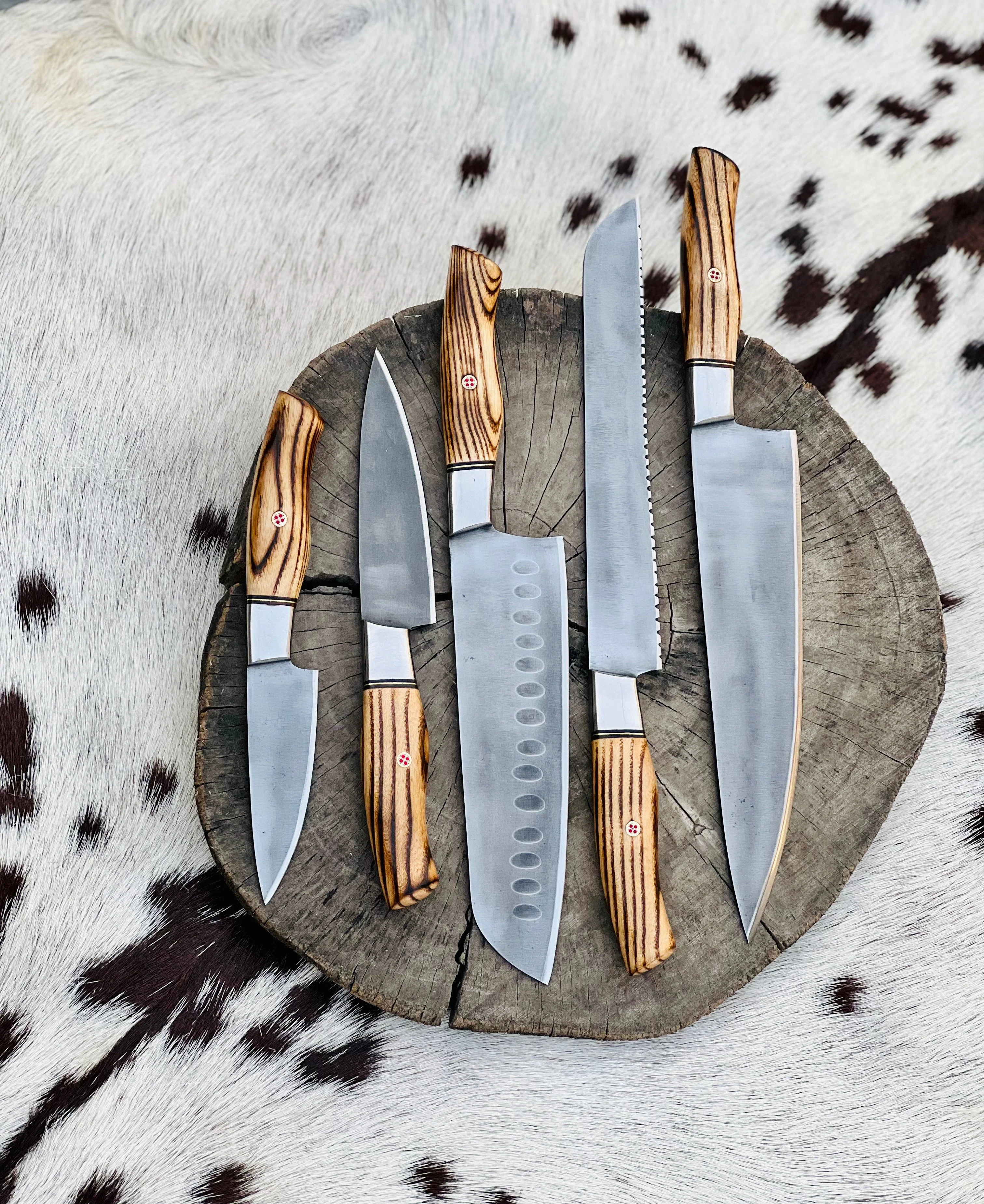 5 Piece Custom Handmade Acid Washed Stainless Steel Kitchen Knives Set with Leather Roll and Burly Wenge Wood Handles" by KBS Knives Store - Image 2