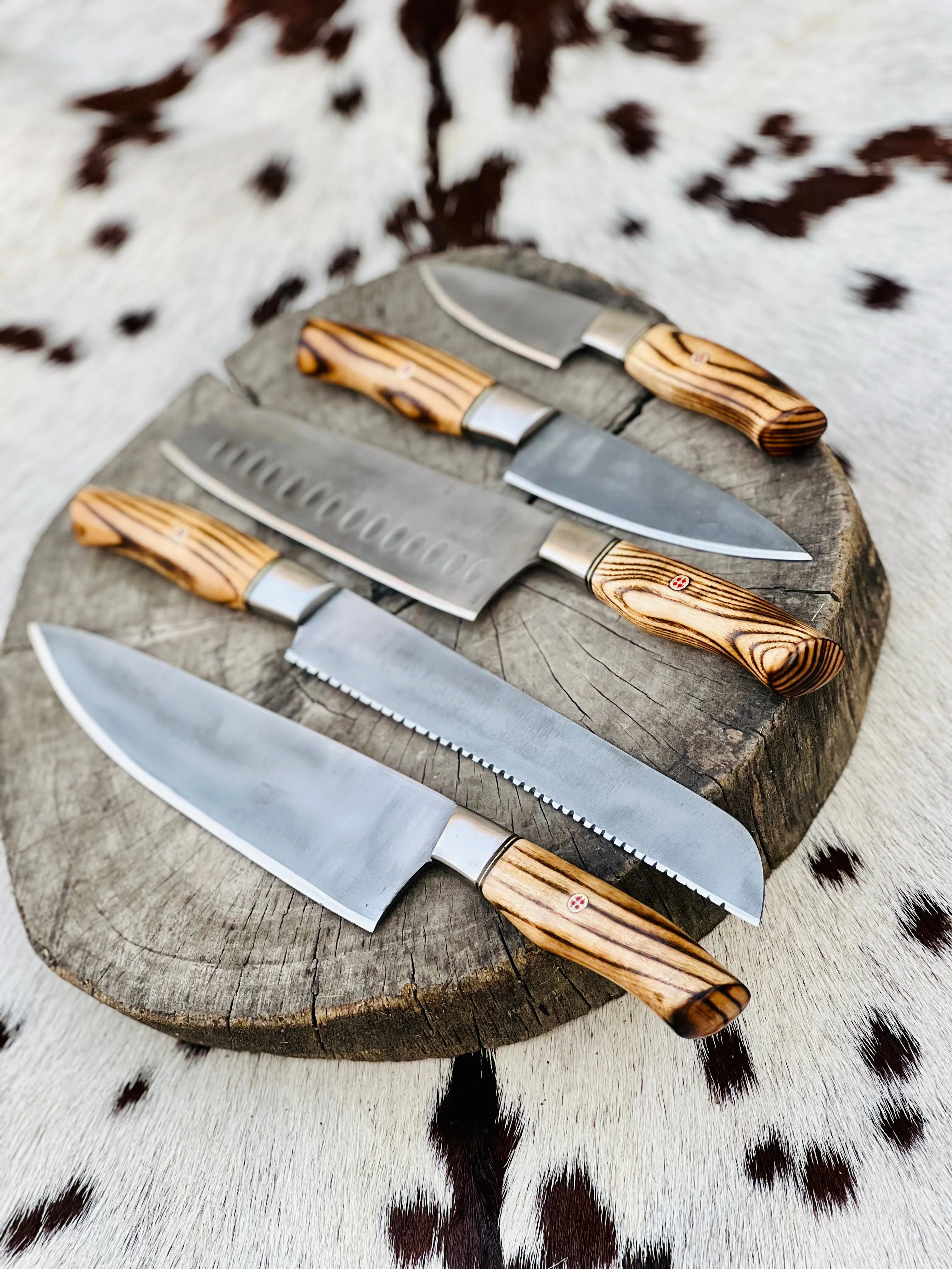 5 Piece Custom Handmade Acid Washed Stainless Steel Kitchen Knives Set with Leather Roll and Burly Wenge Wood Handles" by KBS Knives Store - Image 3