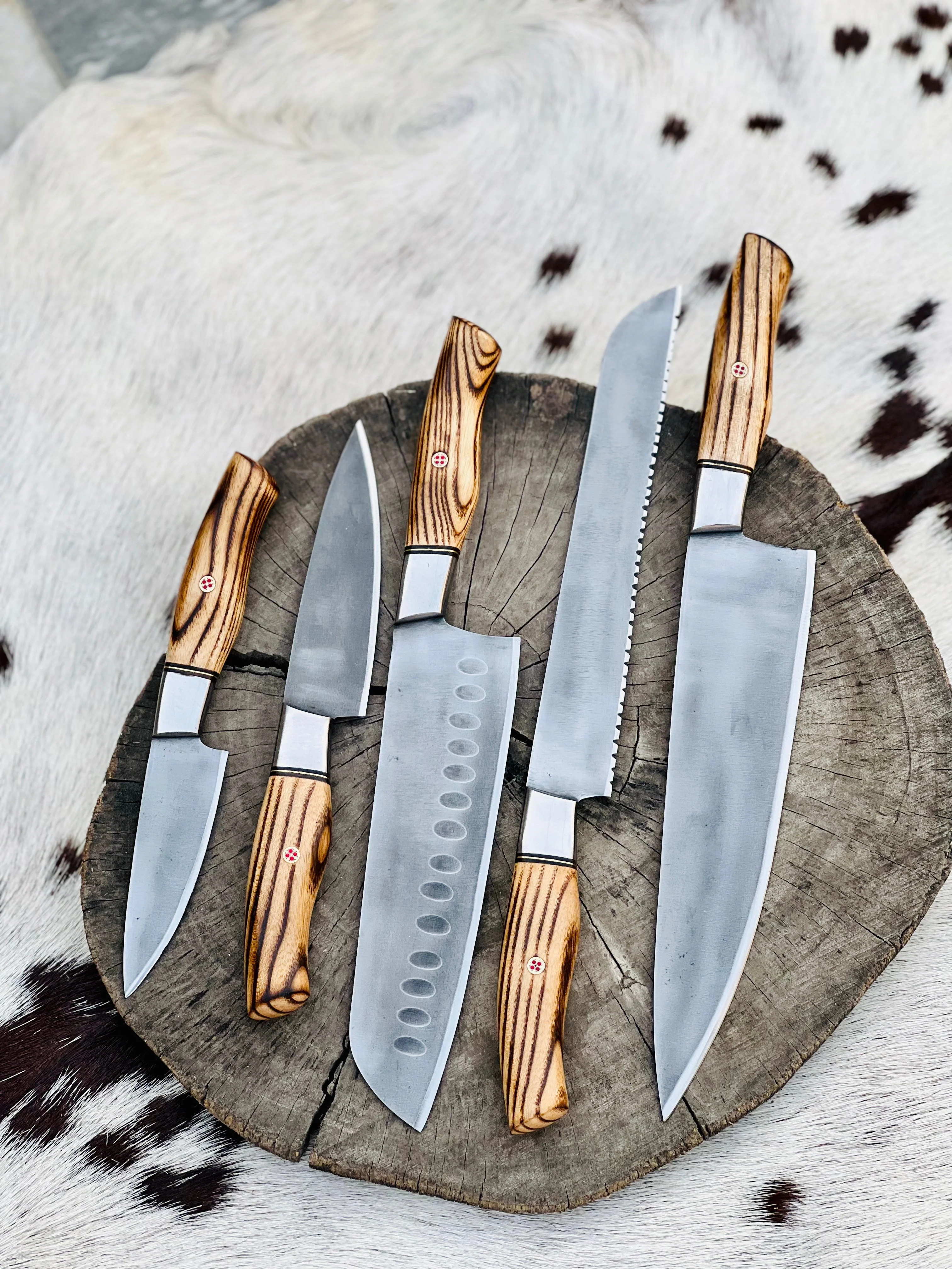5 Piece Custom Handmade Acid Washed Stainless Steel Kitchen Knives Set with Leather Roll and Burly Wenge Wood Handles" by KBS Knives Store - Image 4