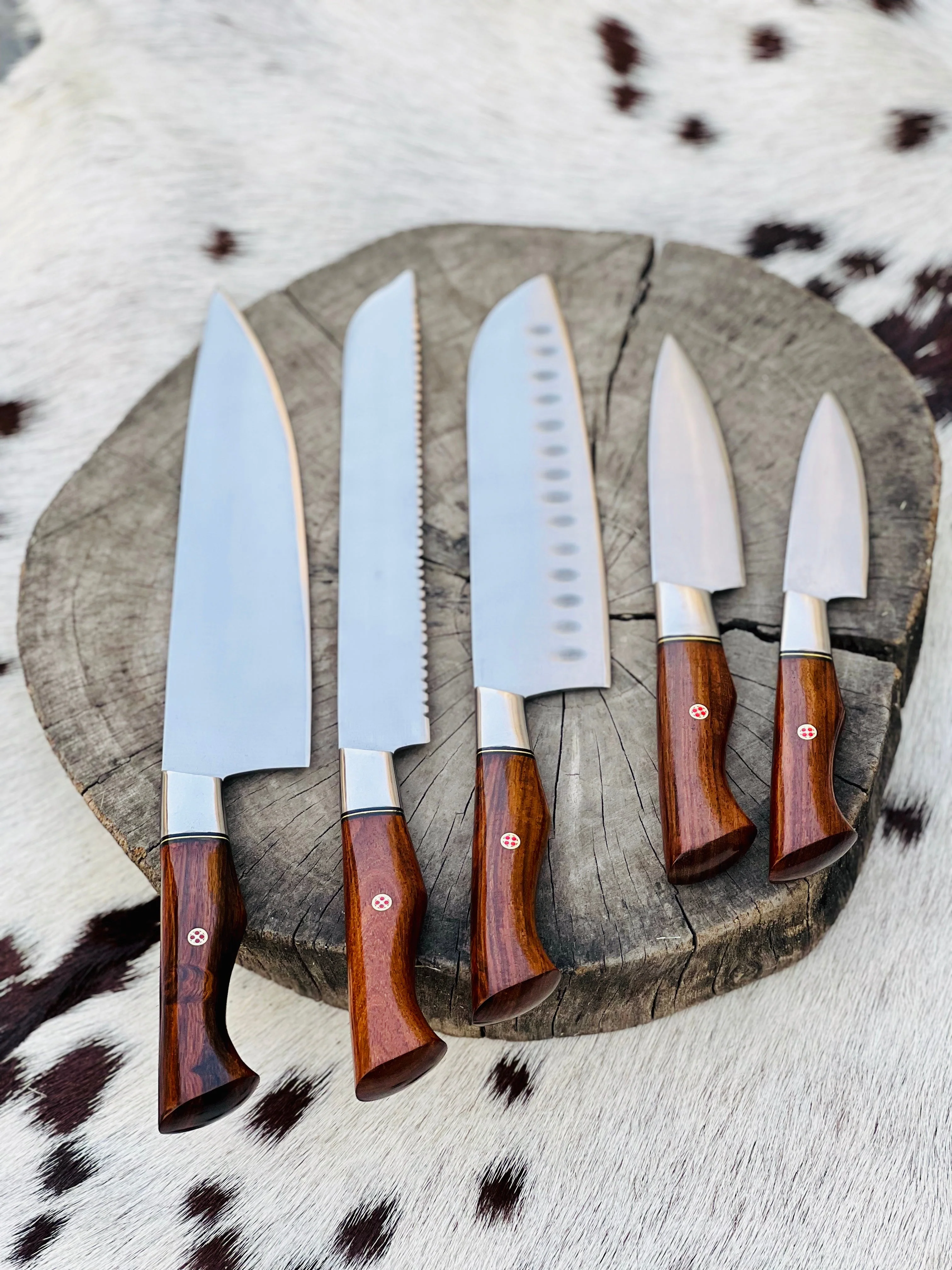 5 Piece Custom Handmade Stainless Steel Kitchen Knives Set with Leather Roll and Rosewood Handles" by KBS Knives Store - Image 2