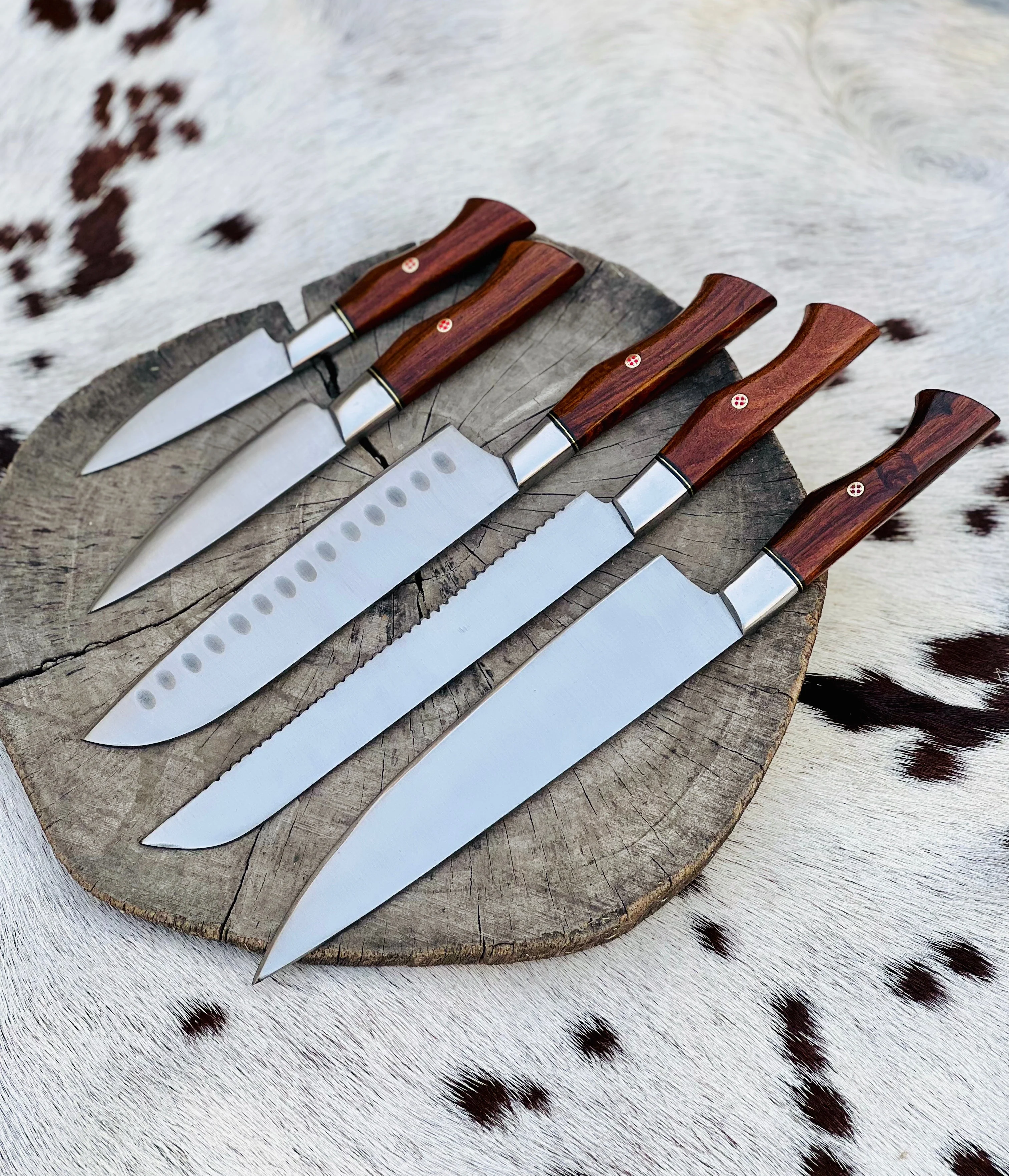 5 Piece Custom Handmade Stainless Steel Kitchen Knives Set with Leather Roll and Rosewood Handles" by KBS Knives Store - Image 3